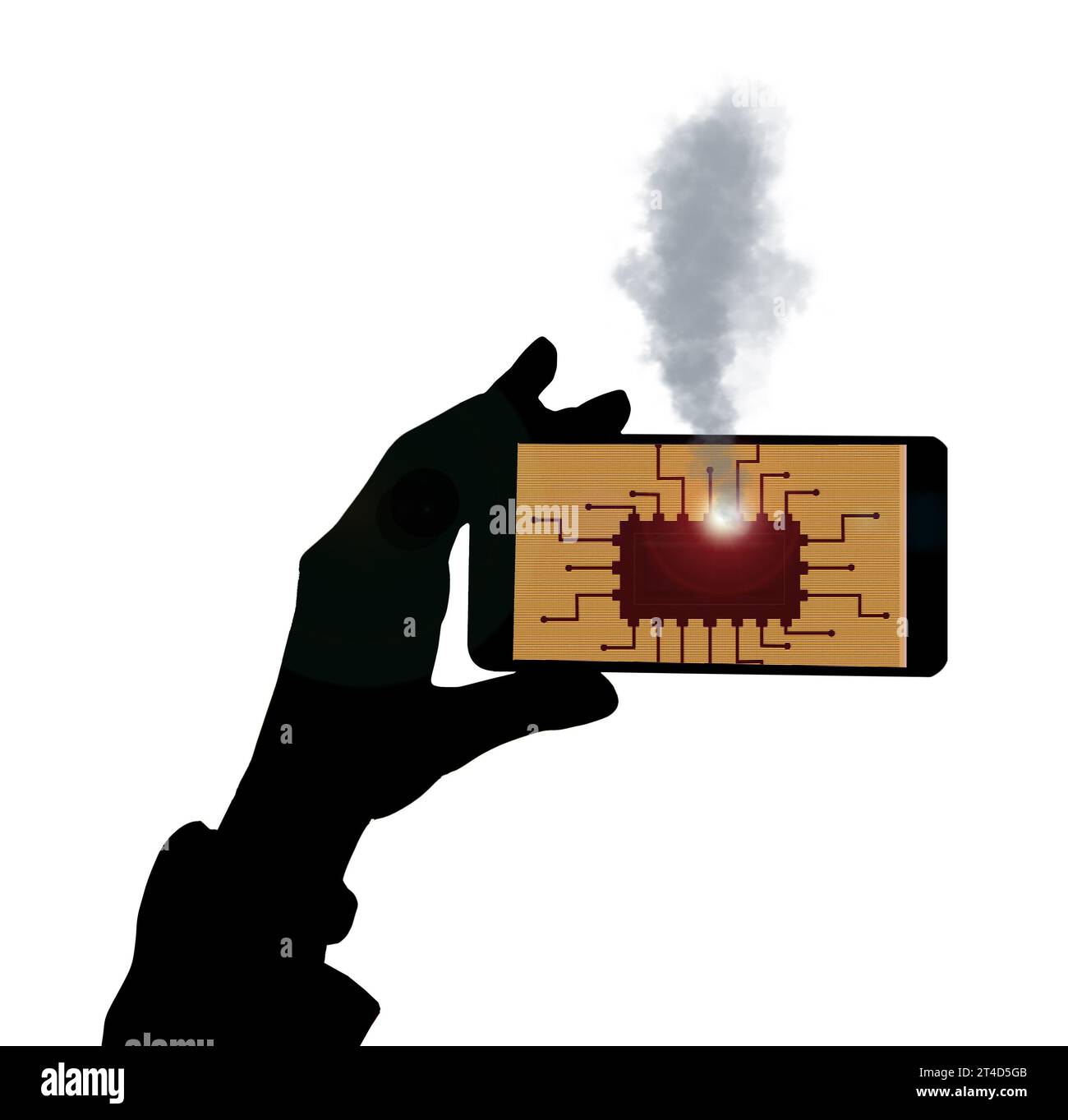 Ein Mobiltelefon hat einen elektronischen Defekt und ein Chip geht in einer 3D-Abbildung in Rauch auf. Stockfoto