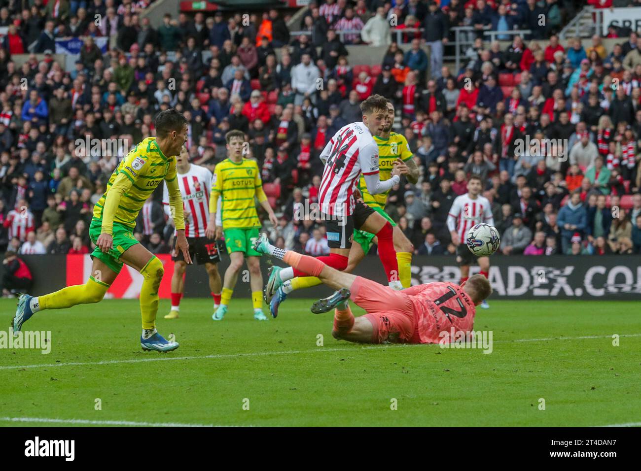 Dan Neil von Sunderland erzielt 2-1- Sunderland gegen Norwich City, Sky Bet Championship, Stadium of Light, Sunderland, Großbritannien - 28. Oktober 2023 nur redaktionelle Verwendung - es gelten Einschränkungen bei DataCo Stockfoto