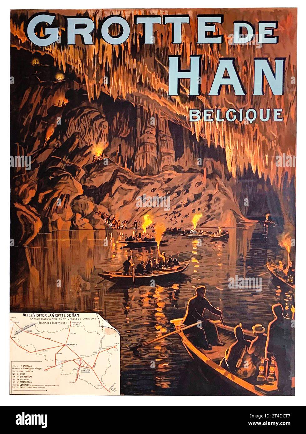 Vintage-Reiseplakat C1800 für die Grotte de Han in Belgien, Ein großes Höhlensystem und eine große Touristenattraktion. Stockfoto