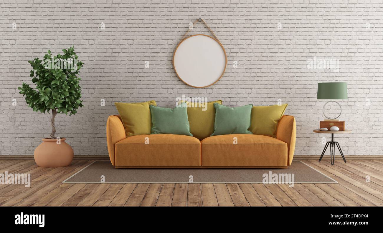 Modernes Sofa im Zimmer mit weißer Ziegelwand, Zimmerpflanze und Tischlampe auf dem Beistelltisch - 3D-Rendering Stockfoto