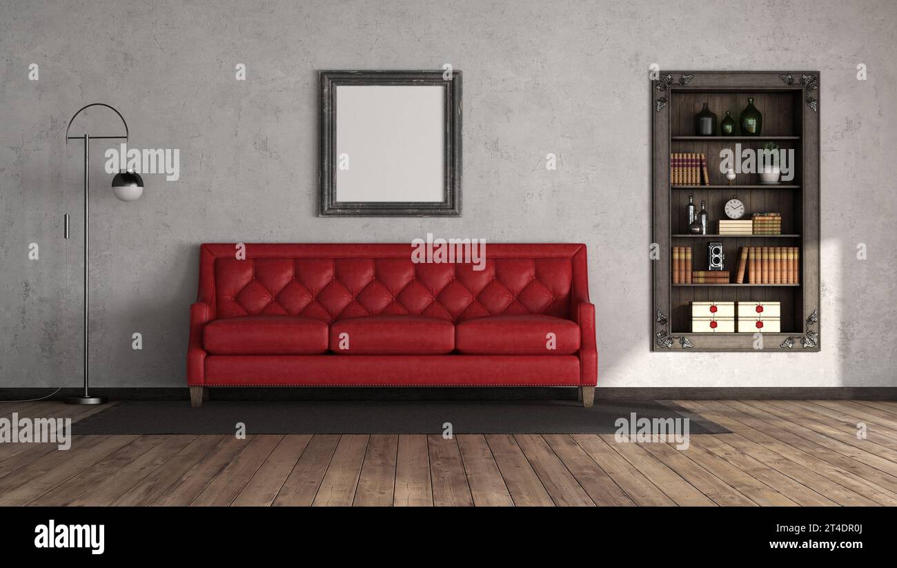 Rotes Ledersofa in einem alten Zimmer mit Holzregal in einer Nische - 3D-Rendering Stockfoto