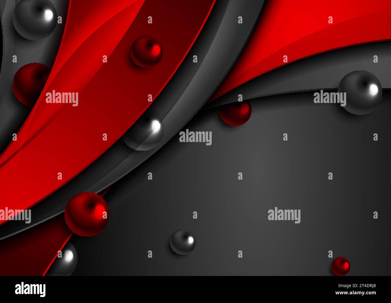 Leuchtend rot und schwarz abstraktes technisches Wellendesign mit hochglänzenden 3D-Kreisen. Geometrischer futuristischer Unternehmenshintergrund. Vektorabbildung Stock Vektor