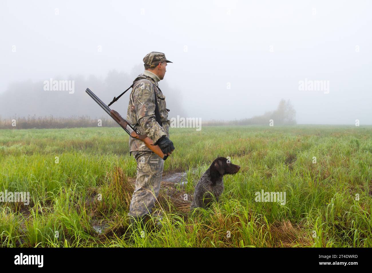 Ein Jäger und sein Schütze sind auf einer Wiese an einem nebeligen Morgen zu Beginn einer Jagd Stockfoto