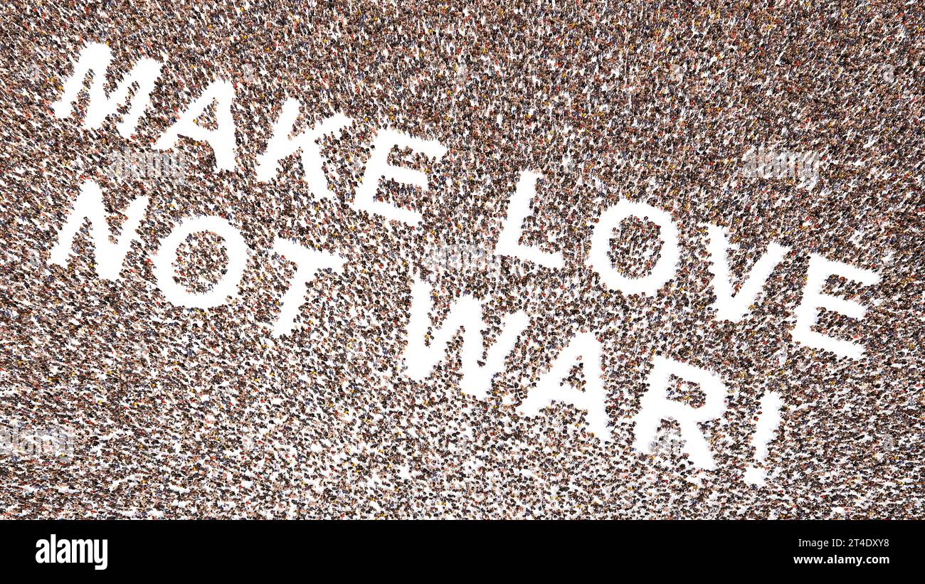 Konzept oder konzeptuelle große Gemeinschaft von Menschen bilden LIEBE NICHT KRIEG Botschaft. 3D Illustration Metapher für Freundschaft, gegenseitiges Verständnis Stockfoto