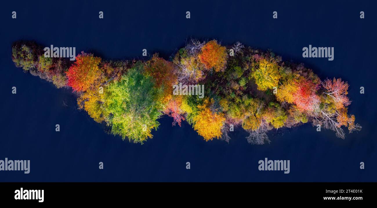 Vermont Fall Colors – aus der Vogelperspektive auf eine kleine Insel, die während der Herbstsaison in einem Teich in VT einen Farbtupfer bietet. Stockfoto