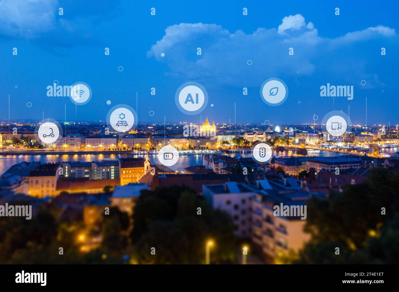Verwaltung einer intelligenten Stadt mit künstlicher Intelligenz. Stadtpanorama mit intelligenten Stadtsymbolen Stockfoto
