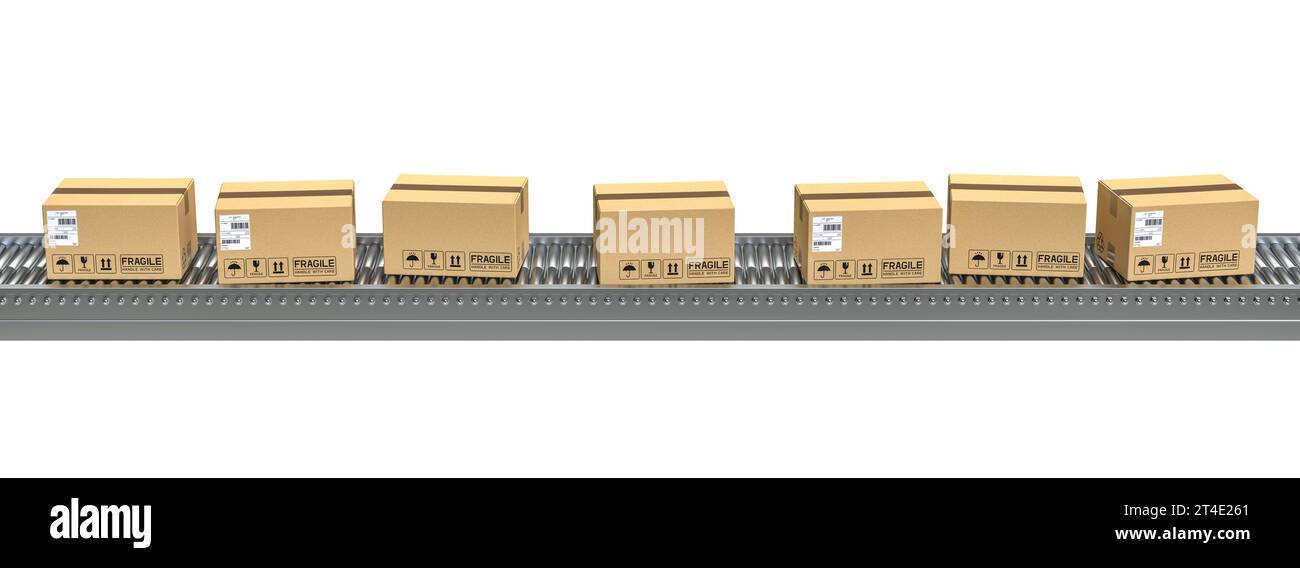 Seitenansicht der horizontalen Förderbänder mit auf weiß isolierten Paketen. 3D-Hintergrund rendern Stockfoto