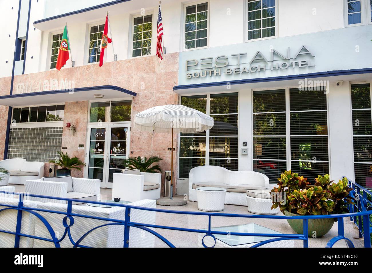 Miami Beach Florida, Außenfassade, Gebäude Vordereingang Hotel, Pestana South Beach Hotel Schild, Hotels Motels Unternehmen Stockfoto