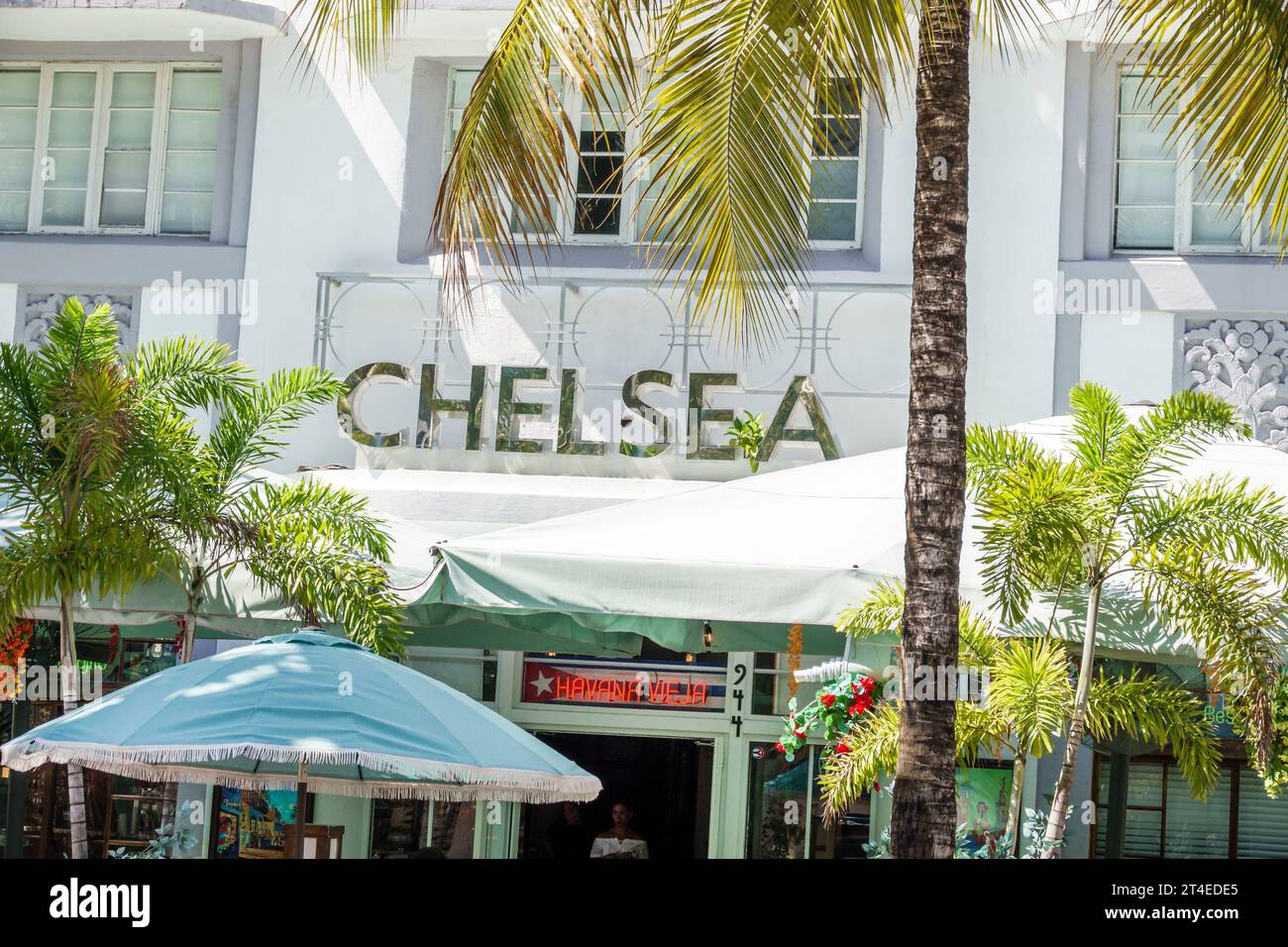 Miami Beach Florida, Außenfassade, Gebäude Vordereingang Hotel, Chelsea Hotel Schild, Hotels Motels Unternehmen Stockfoto