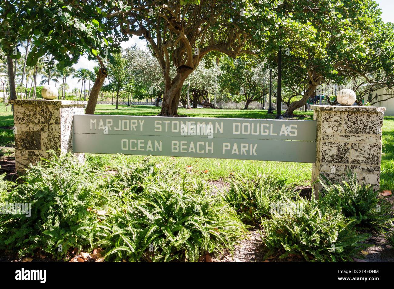 Miami Beach Florida, Ocean Drive, Marjory Stoneman Douglas Ocean Beach Park Schild Stockfoto