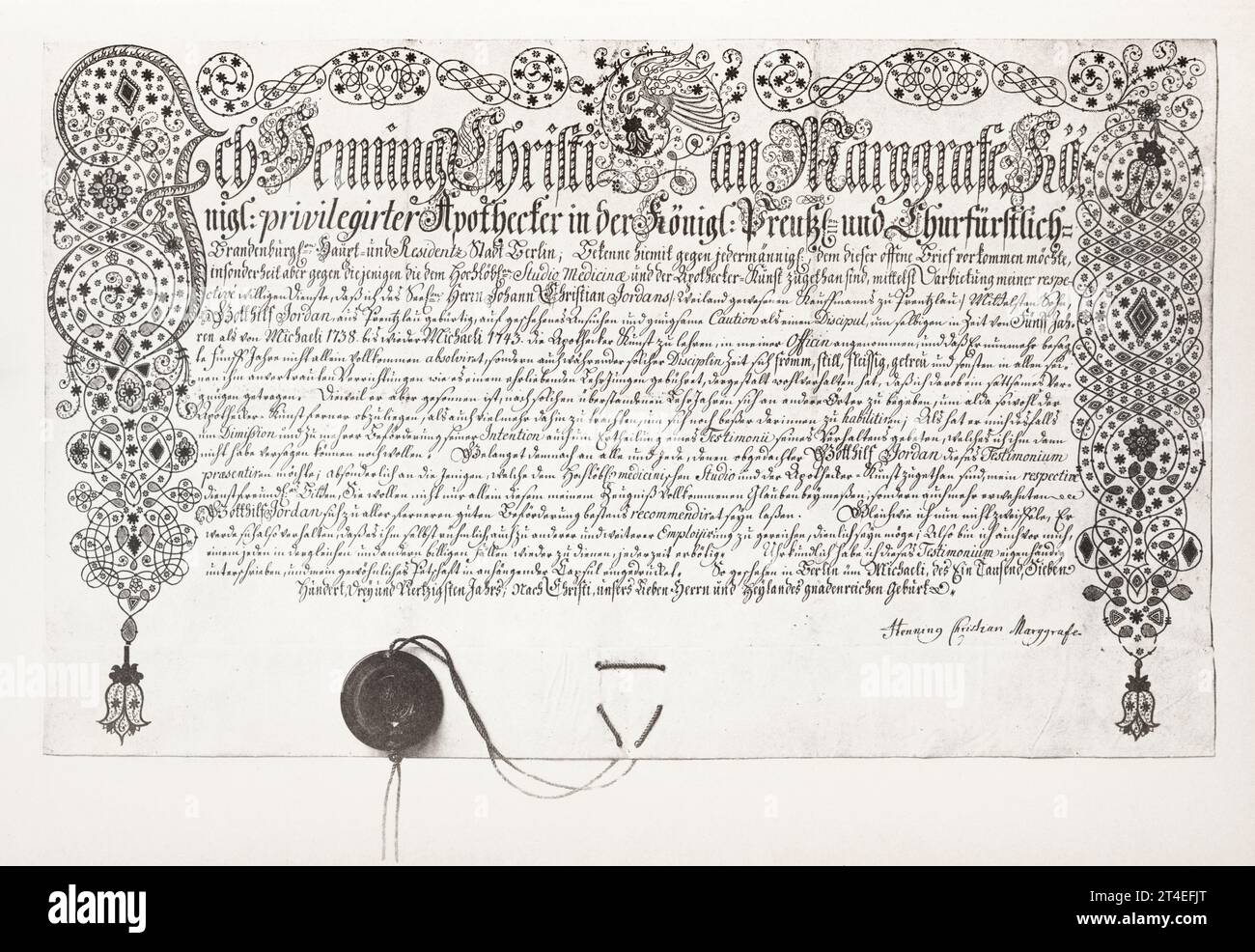 Nach der Ausbildung wurde ein deutscher Apotheker als Gesellenapotheke angesehen und erhielt eine Qualifikationsbescheinigung [1743]. Stockfoto