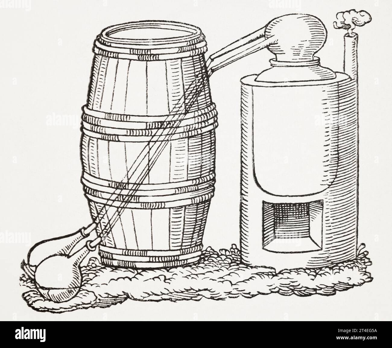 Destillierapparat des Apothekers aus dem 16. Jh. mit Fass aus Gaulther Ryffs "Distiller's Book", 1567. Siehe Hinweise. Stockfoto