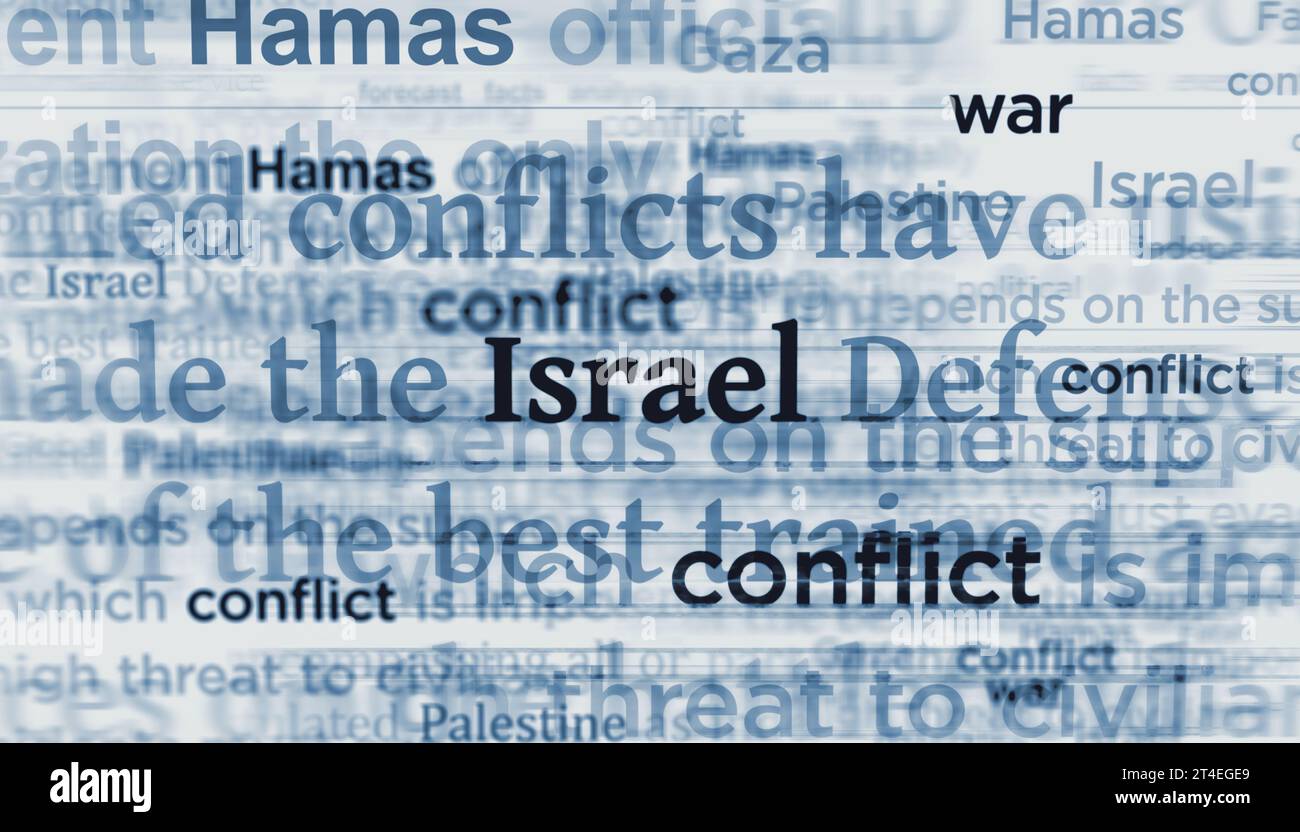 Israel Hamas Palästina Konflikt Krieg Krise. Schlagzeilen Titel internationale Medien abstrakte Konzept 3D Illustration. Stockfoto