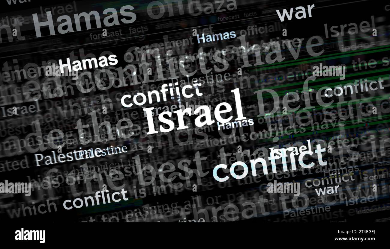 Israel Hamas Palästina Konflikt Krieg Krise. Schlagzeilen Titel internationale Medien abstrakte Konzept 3D Illustration. Stockfoto