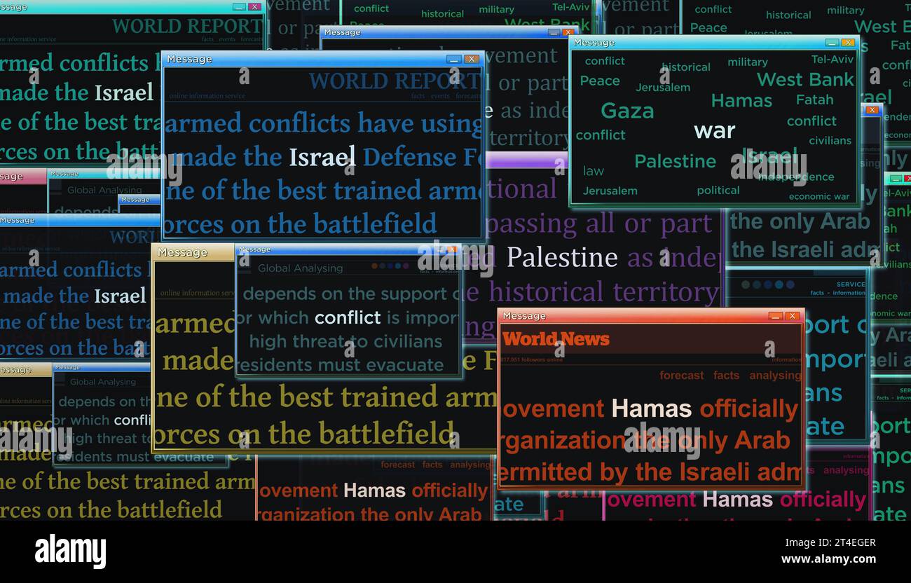 Israel Hamas Palästina Konflikt Krieg Krise. Schlagzeilen Titel internationale Medien abstrakte Konzept 3D Illustration. Stockfoto