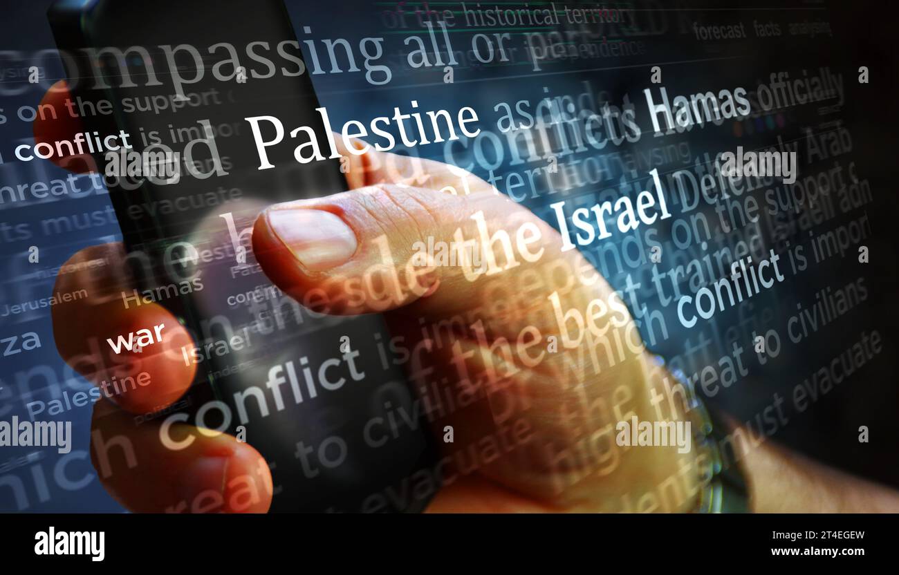 Israel Hamas Palästina Konflikt Krieg Krise. Schlagzeilen Titel internationale Medien abstrakte Konzept 3D Illustration. Stockfoto
