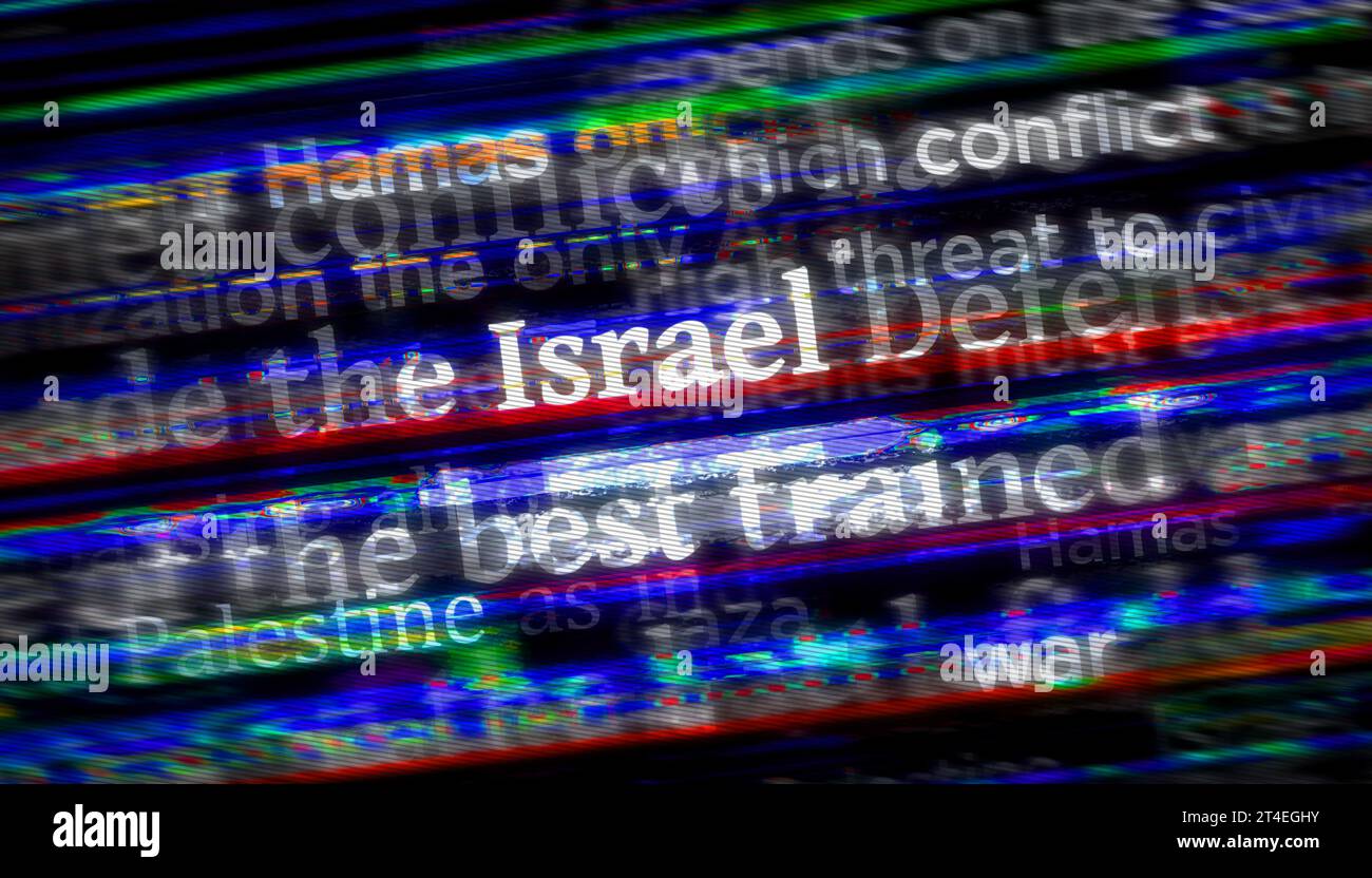 Israel Hamas Palästina Konflikt Krieg Krise. Schlagzeilen Titel internationale Medien abstrakte Konzept 3D Illustration. Stockfoto