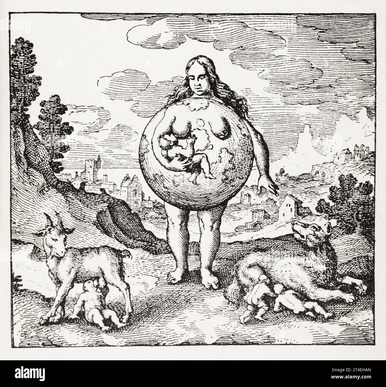 Mystische Mutter-Erde-Figur [Emblem 2] aus Michael Maiers musikalisch-alchemistischem Werk: Atalanta fugiens, 1618. Siehe Hinweise. Stockfoto