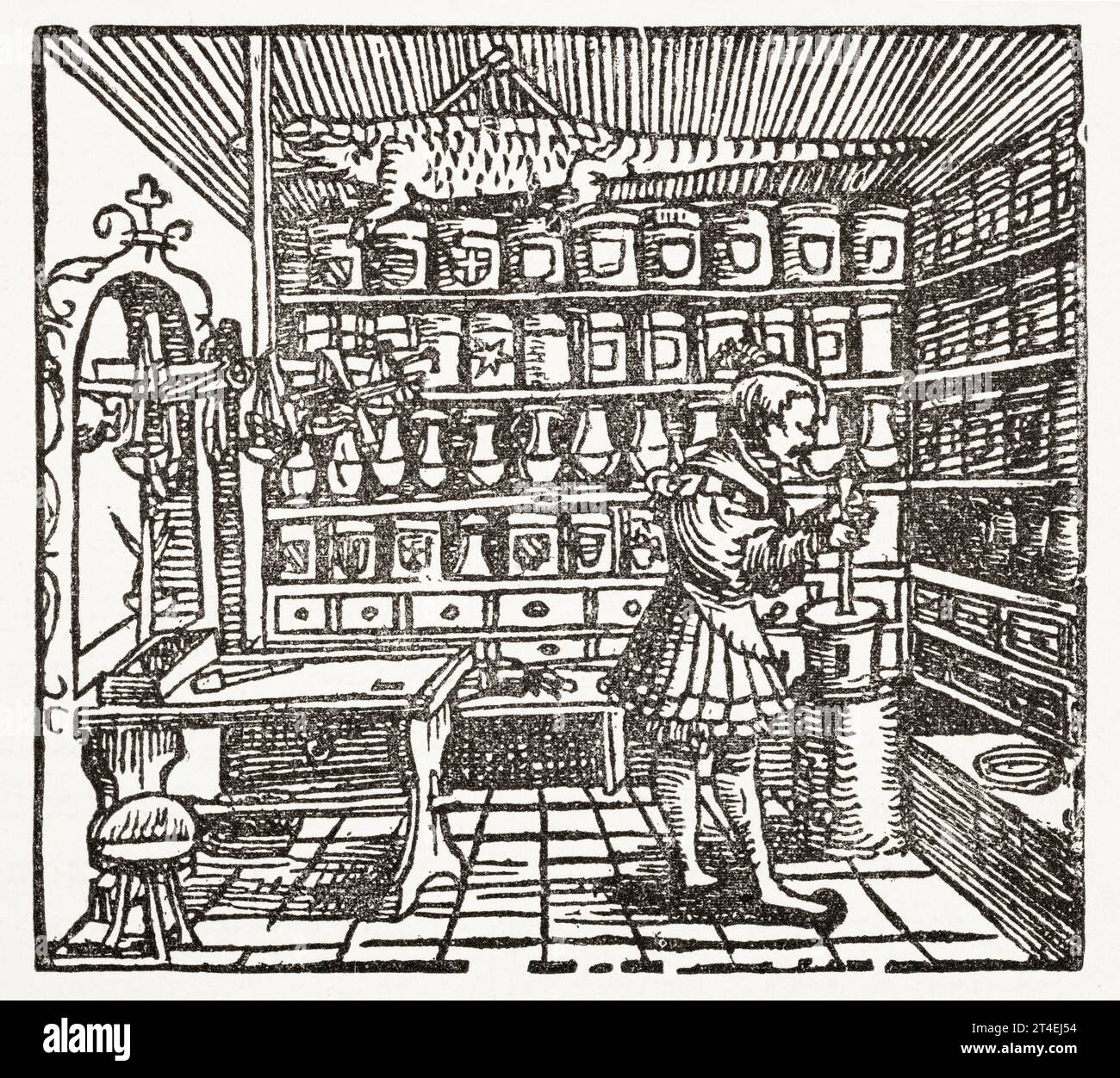 16. Jh. Holzschnitt des Apothekergeschäfts mit totem Krokodil; aus dem Buch der Konfektion, und ein Familienarzt, Gaulther Ryff, 1548. Siehe Hinweise. Stockfoto