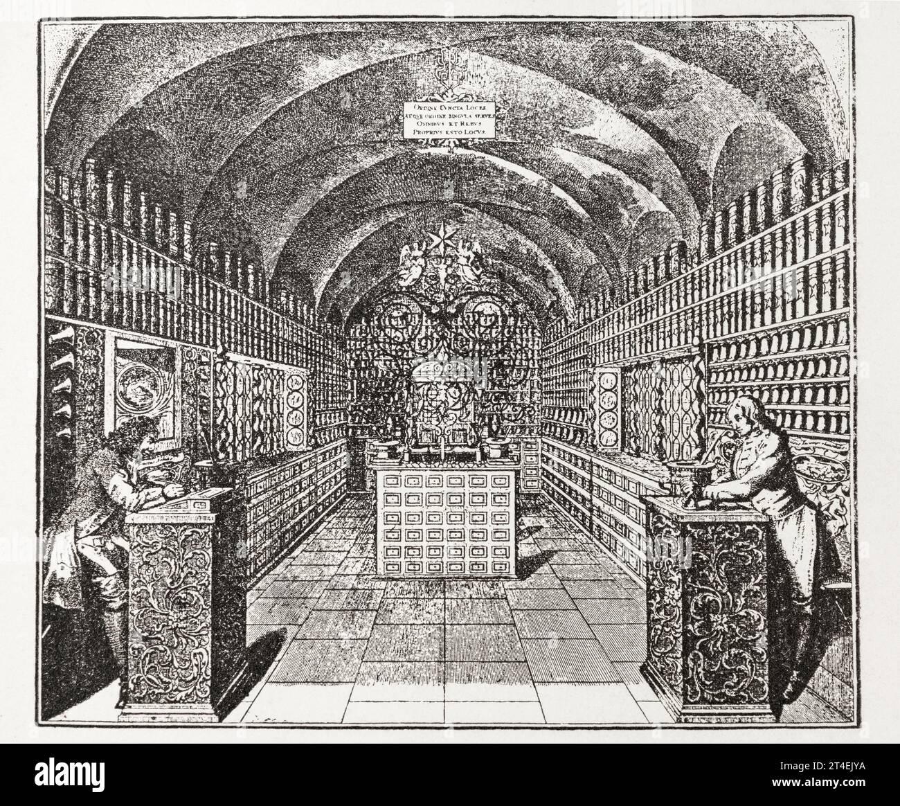 1710 Kupferplattenstich von zwei Apothekenassistenten in der legendären 'Sternenapotheke' in Nürnburg und die bis ins 19. Jahrhundert hinein funktionierten, siehe Hinweise. Stockfoto