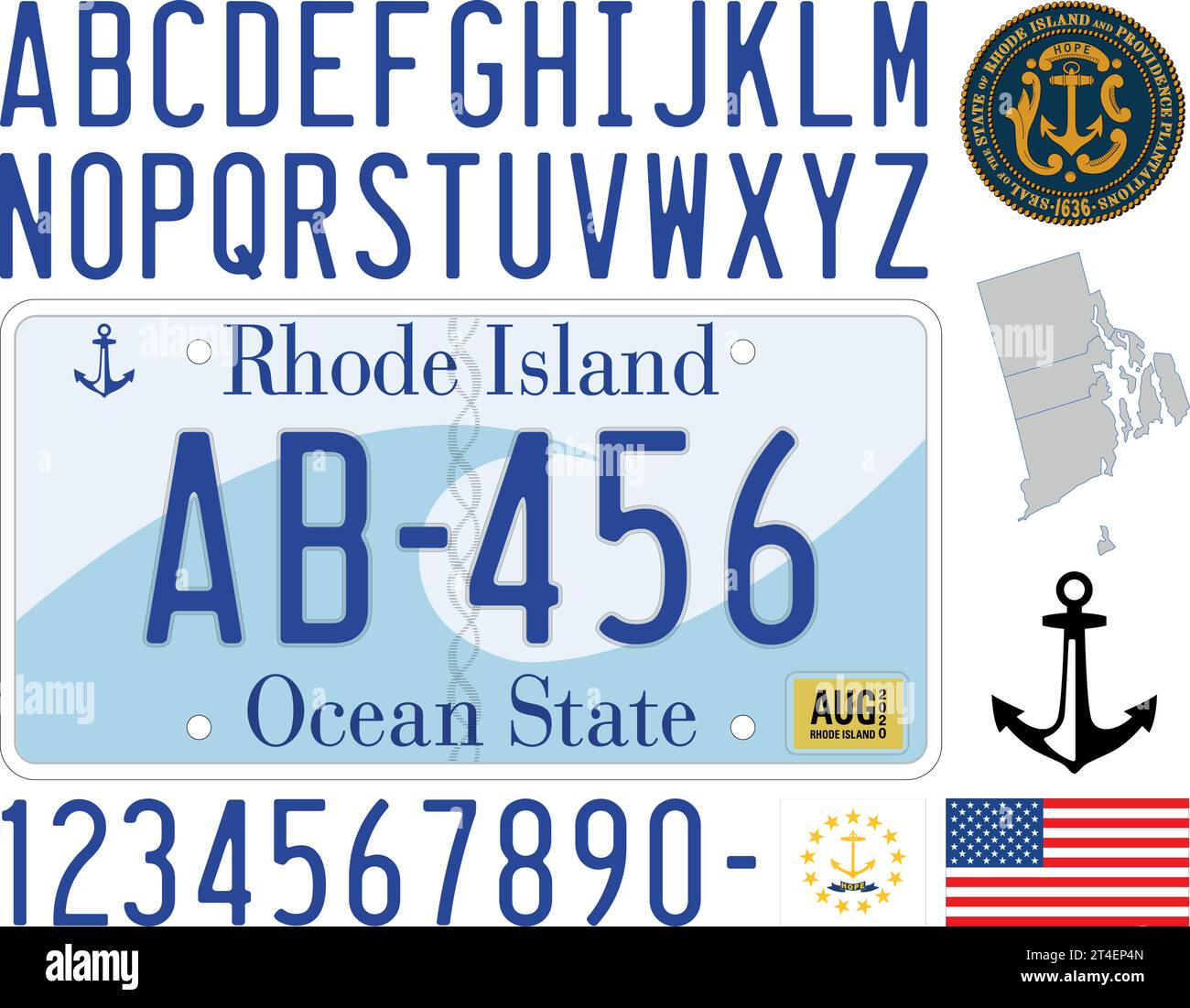 Rhode Island US State Car Kennzeichen Muster, Buchstaben, Zahlen und Symbole, Vektor Illustration, USA Stock Vektor