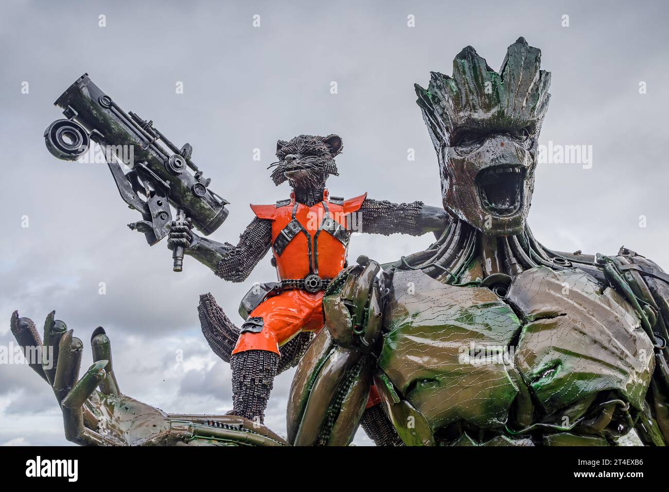 Guardians of the Galaxy Skulptur im Shropshire Sculpture Park am 21. Oktober 2023 in Oswestry. Stockfoto