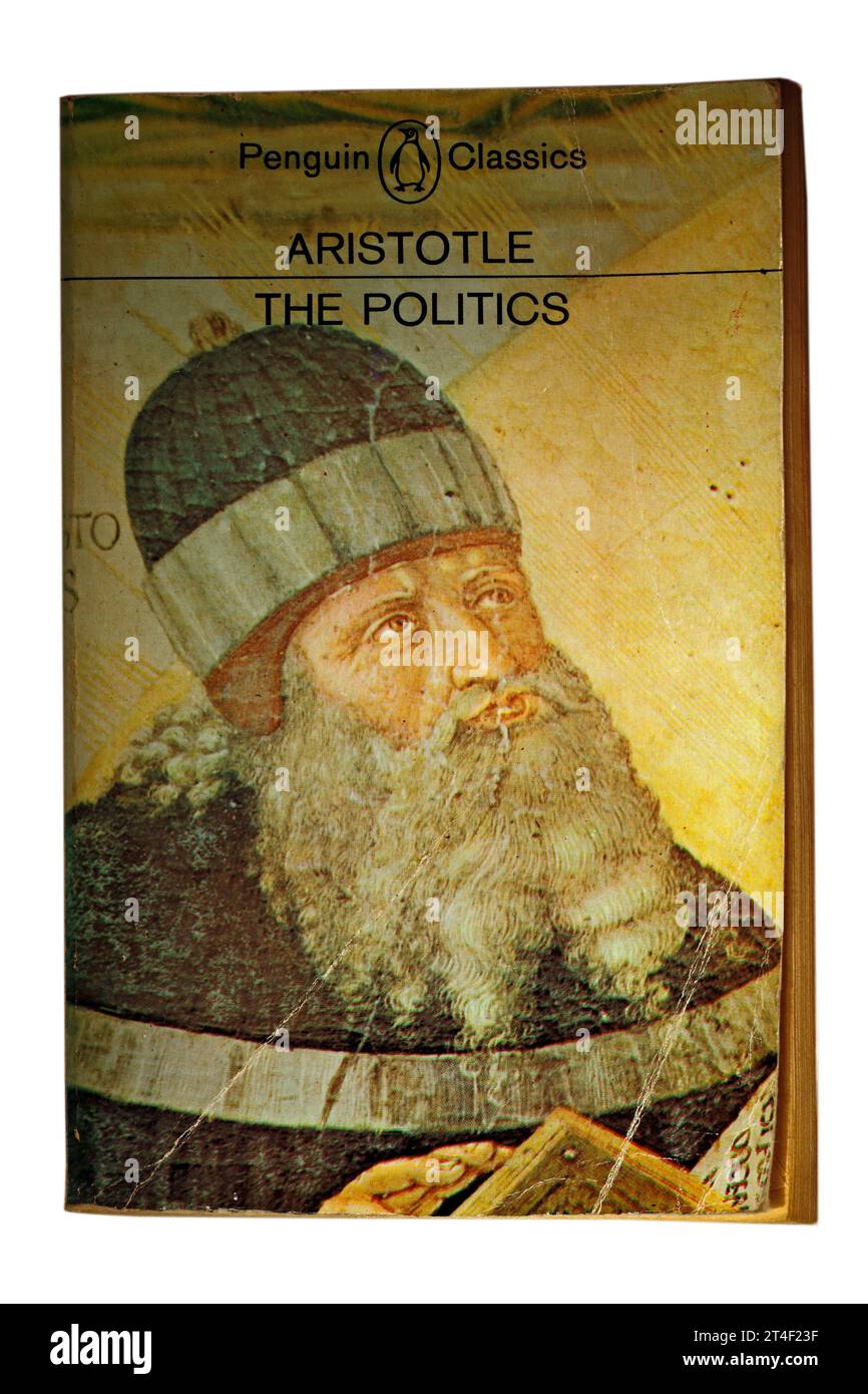 Aristoteles - Die Politik. Bucheinband auf weißem Hintergrund. Stockfoto