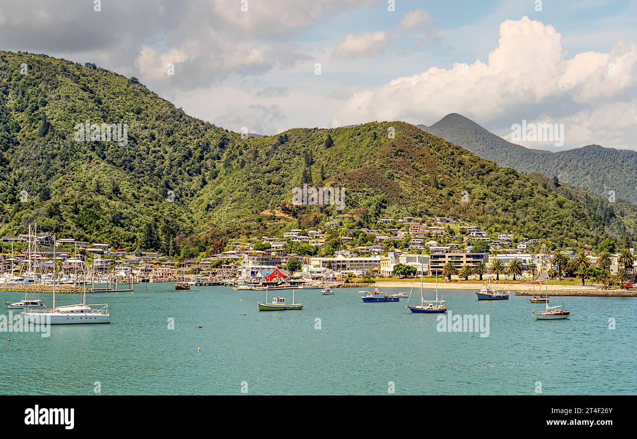 Blick auf Picton Harbour auf der Südinsel Neuseelands Stockfoto