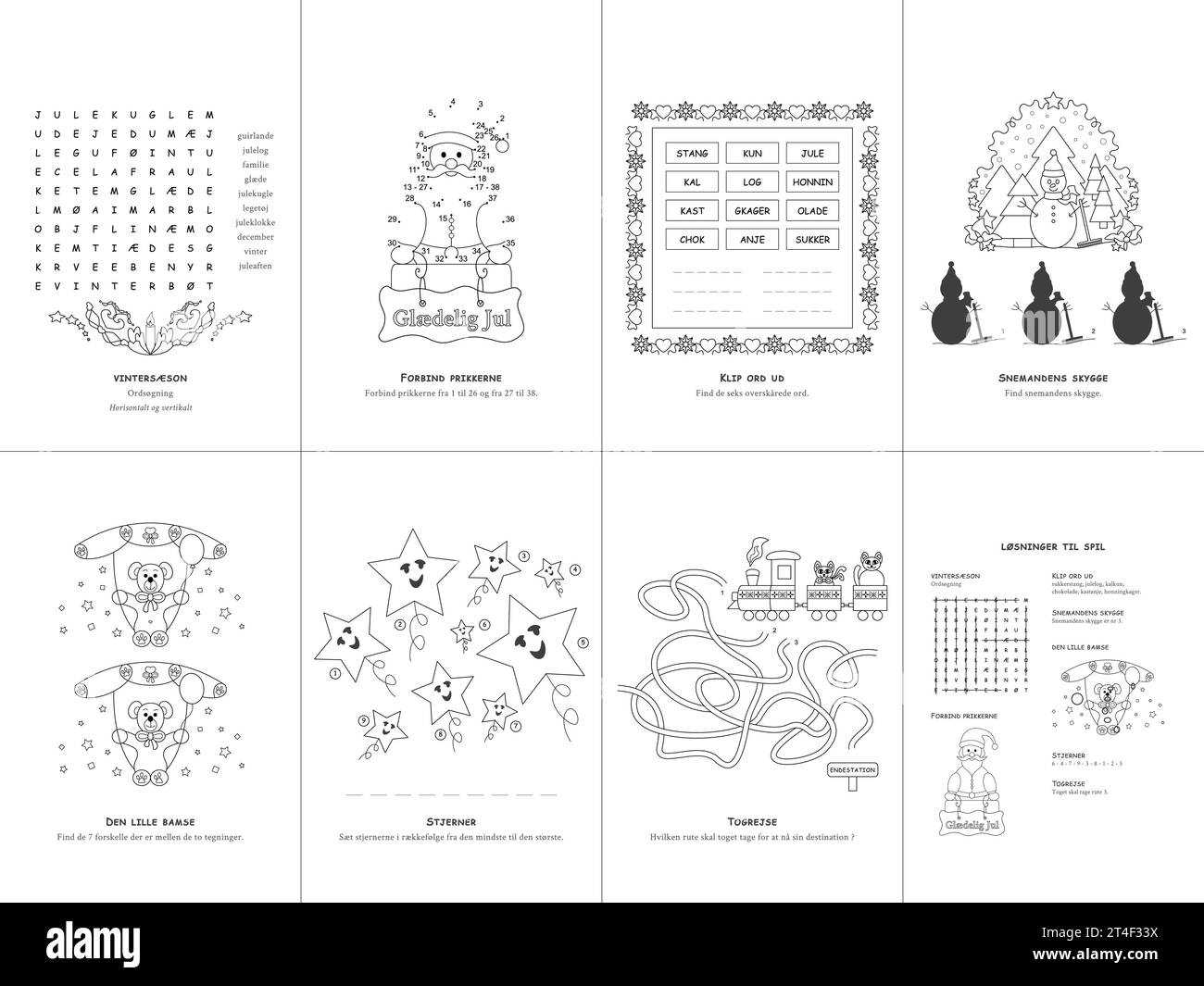 Set mit sieben Spielen. Weihnachtsthema. Spiel- und Ausmalseite für Kinder. Dänische Sprache. Vektorabbildung. Satz Nr. 3. Stock Vektor