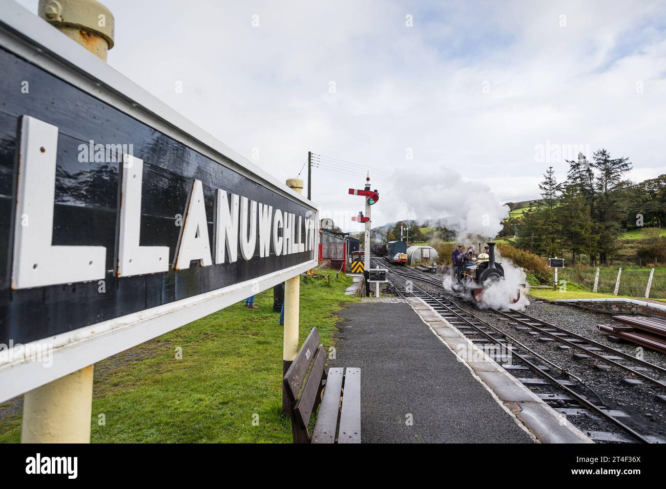 Winifred, ein Dampfzug der Hunslet Engine Company, kommt am 26. Oktober 2023 in Llanuwchllyn an, um Passagiere entlang der Bala Lake Railway zu transportieren. Stockfoto