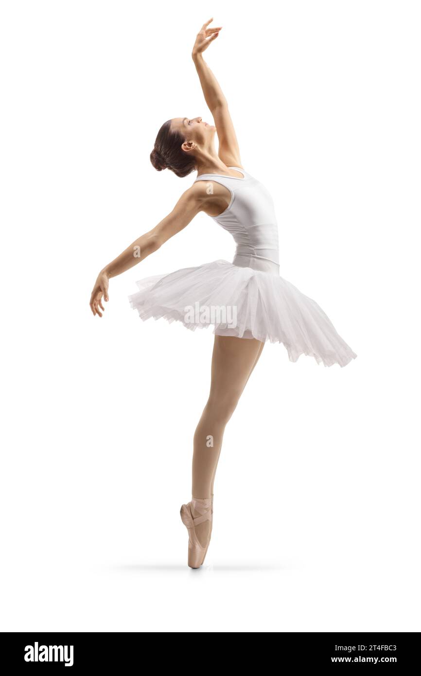 Profilaufnahme einer Ballerina, die isoliert auf weißem Hintergrund tanzt Stockfoto