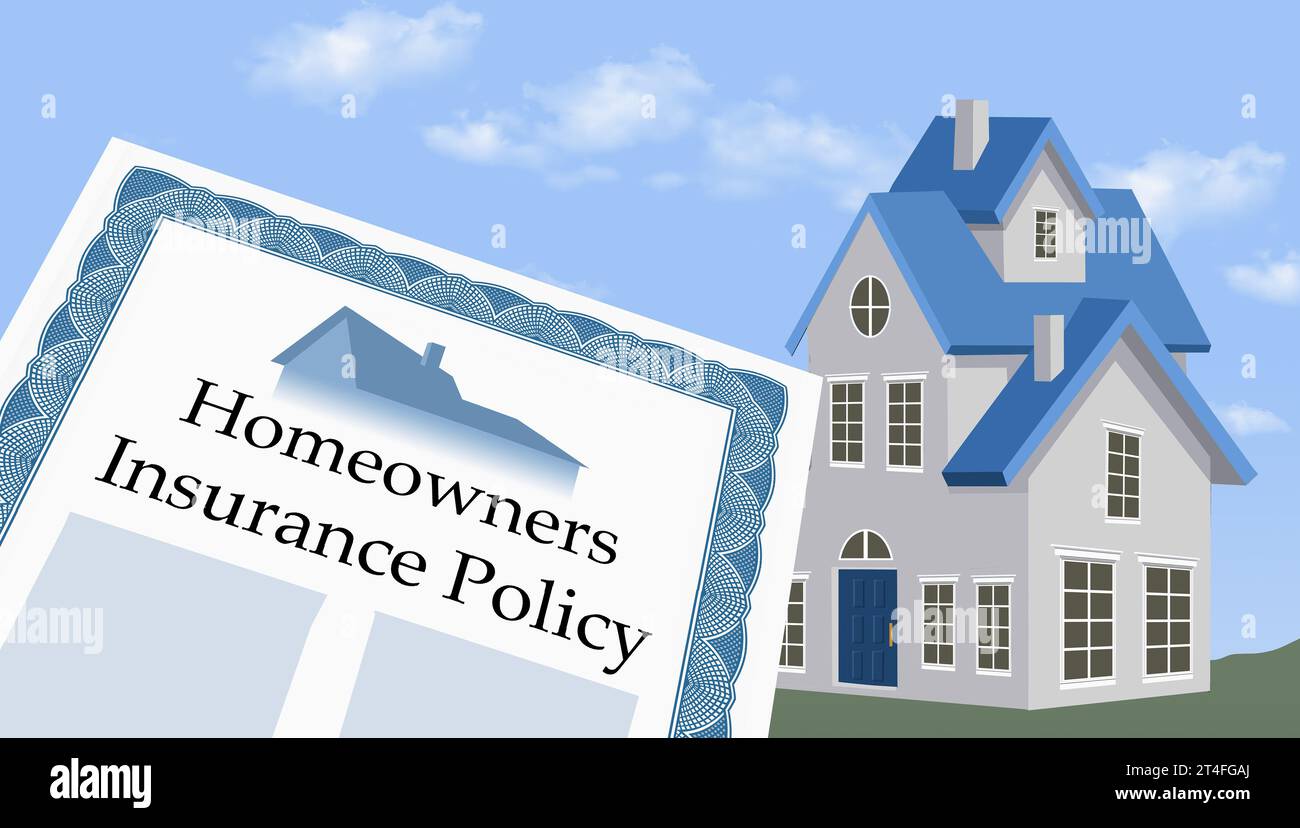 Eine Hauseigentümerversicherung wird in einer 3D-Abbildung mit einem Haus im Hintergrund gesehen. Stockfoto