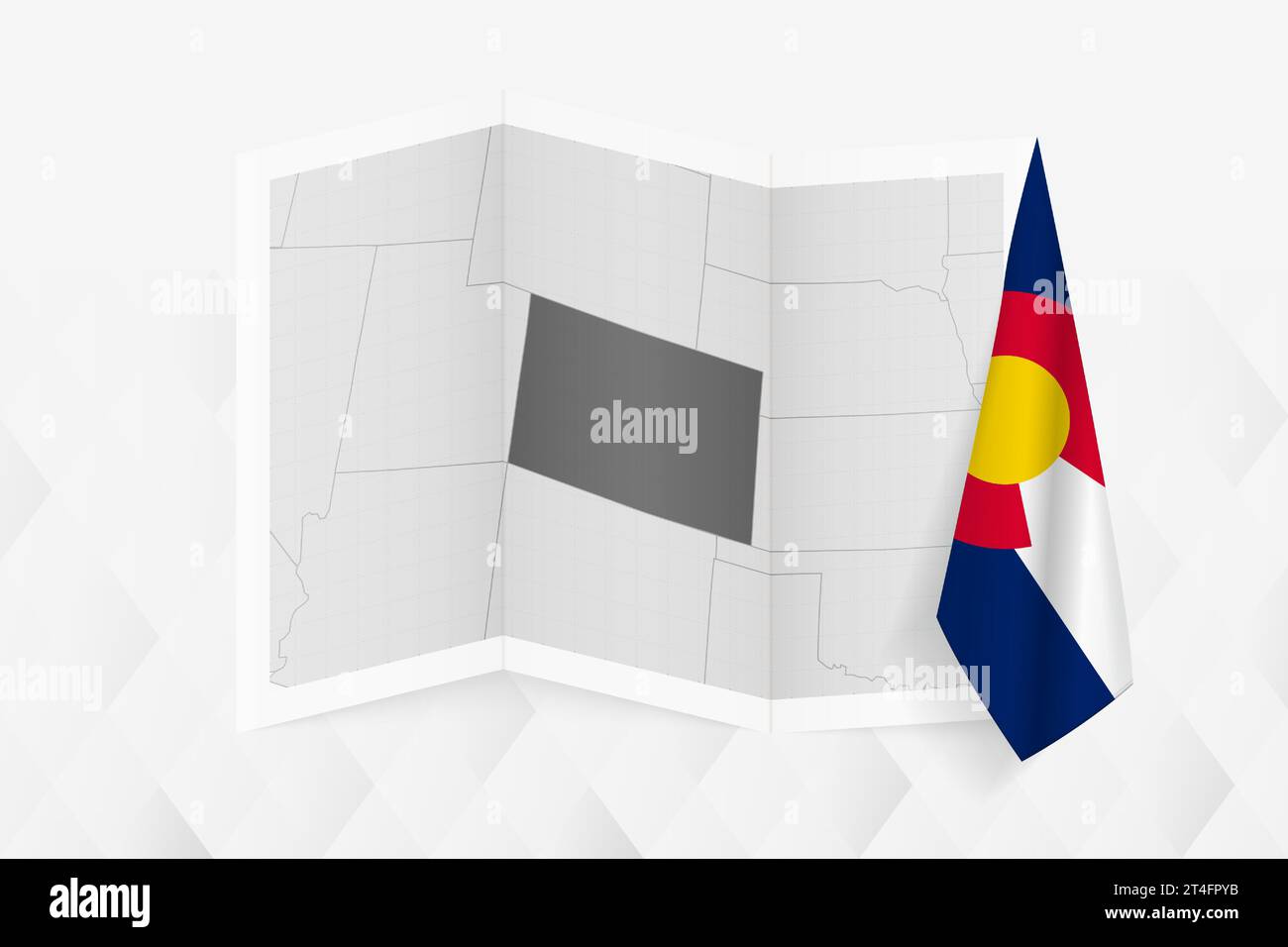 Eine Graustufenkarte von Colorado mit einer hängenden Colorado-Flagge auf einer Seite. Vektorkarte für viele Arten von Nachrichten. Vektorabbildung. Stock Vektor