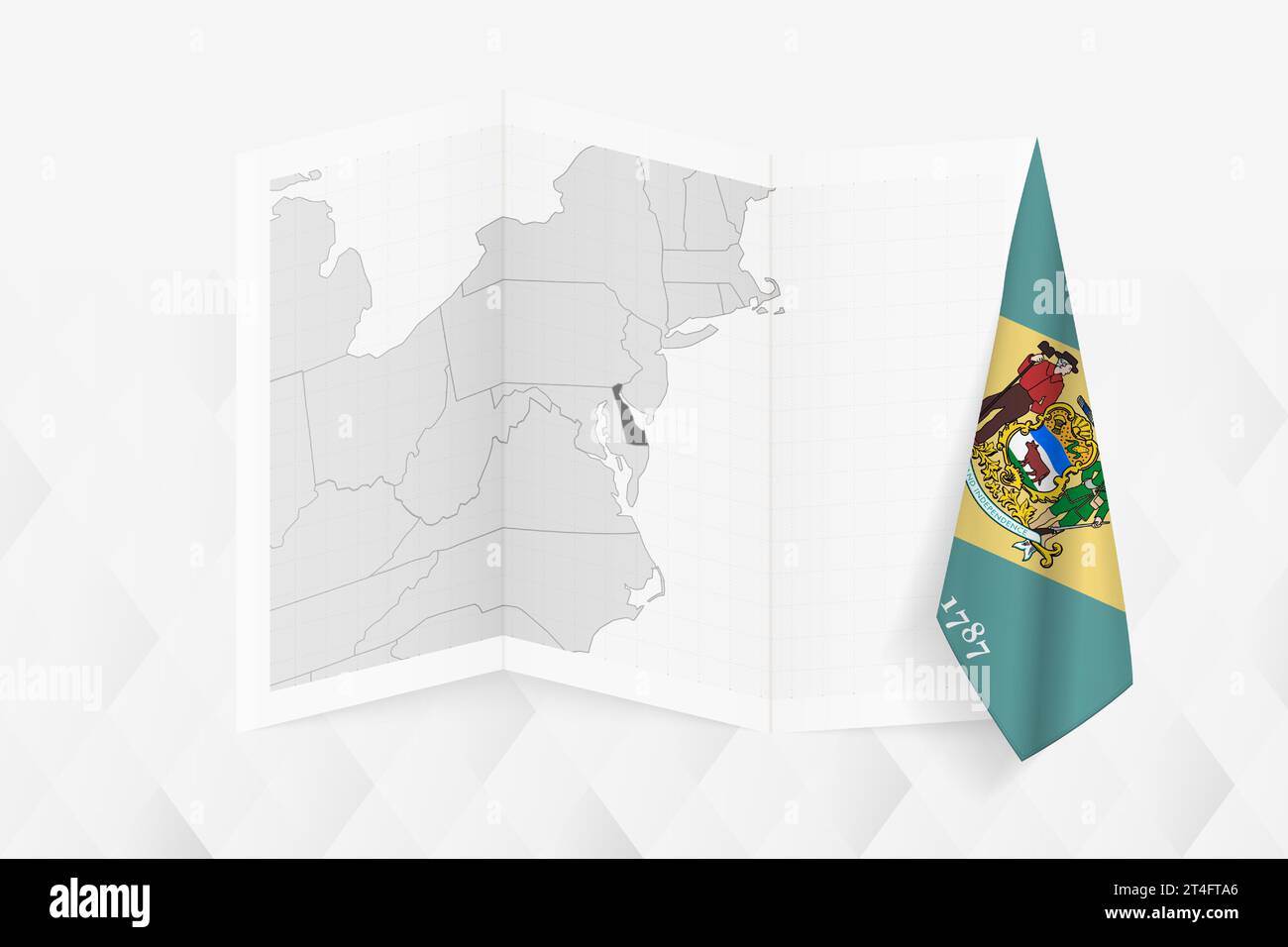 Eine graue Karte von Delaware mit einer hängenden Delaware-Flagge auf einer Seite. Vektorkarte für viele Arten von Nachrichten. Vektorabbildung. Stock Vektor