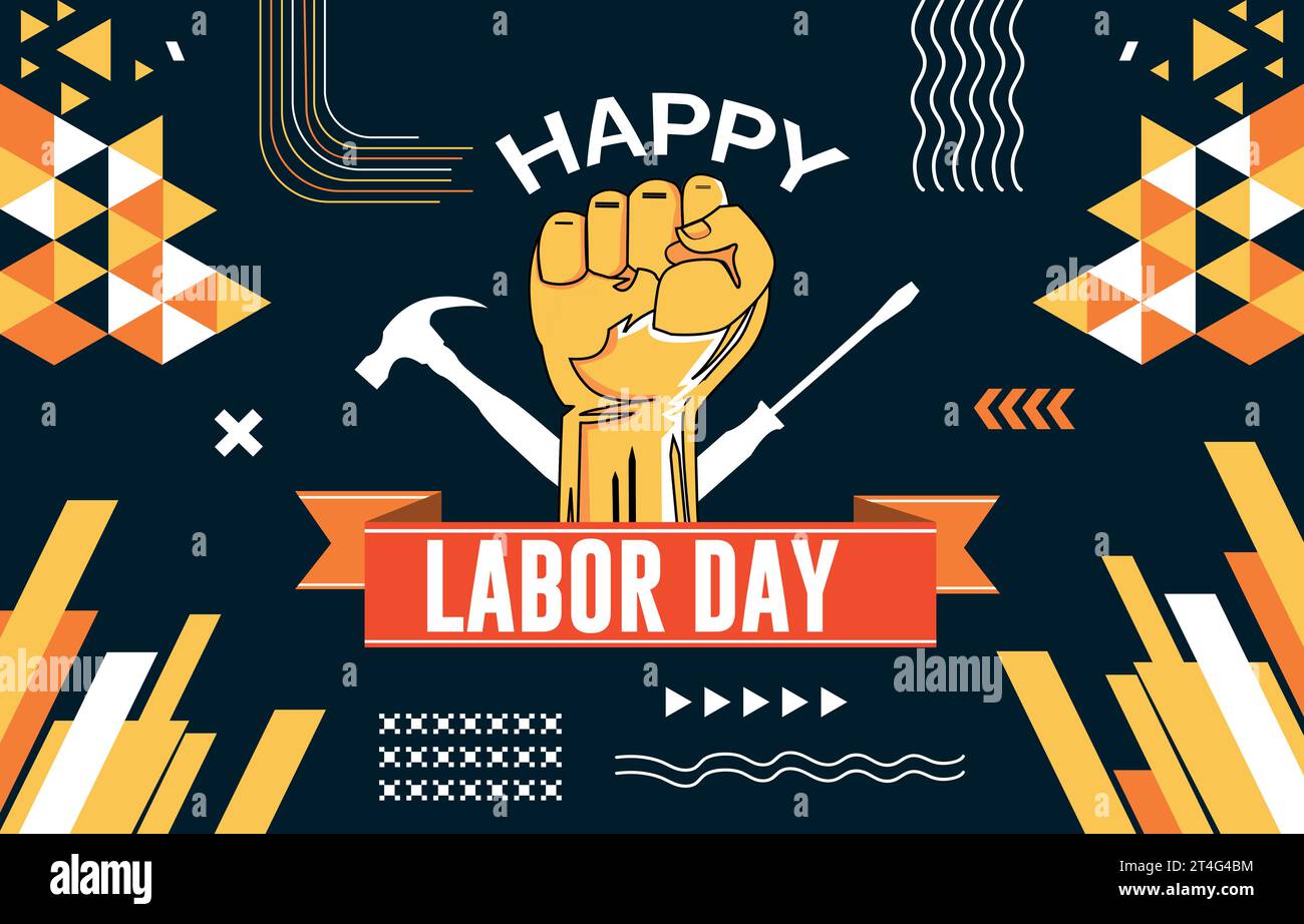 Internationales Happy Labor Day Typografie-Bannerdesign mit Arbeitswerkzeugen und Handfaust. Abstrakter moderner geometrischer Hintergrund. Stock Vektor