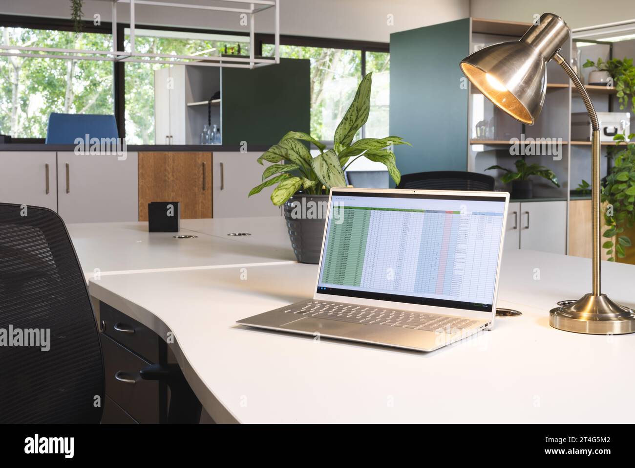 Leeres Kreativbüro mit Holzmöbeln, Pflanzen und Laptop mit Daten auf dem Tisch Stockfoto