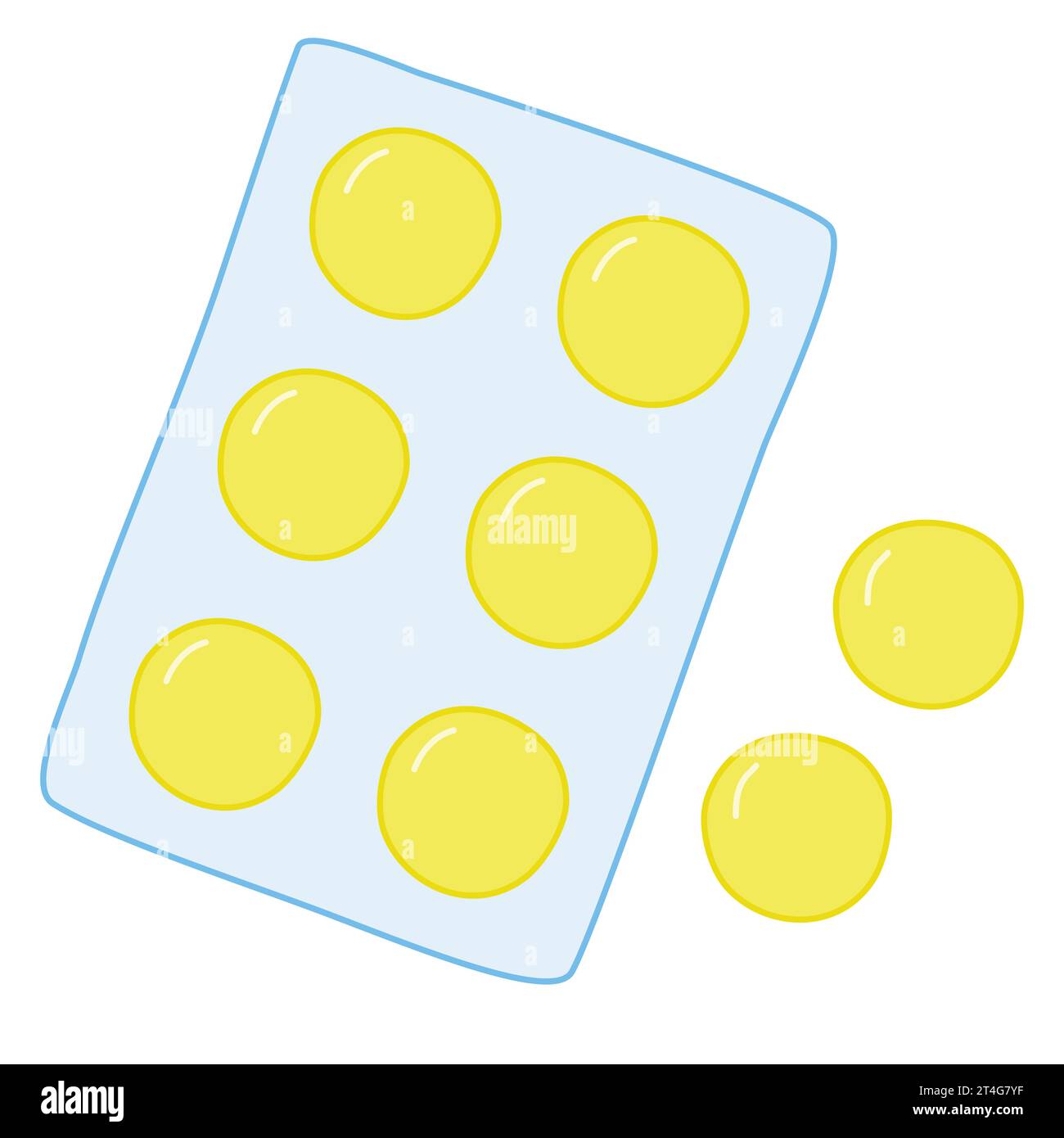 Große runde gelbe Tabletten, Lutschtabletten oder Pillen in Blisterpackung, Erkältung und Grippe oder Halsschmerzen Behandlung, Vektorillustration Stock Vektor