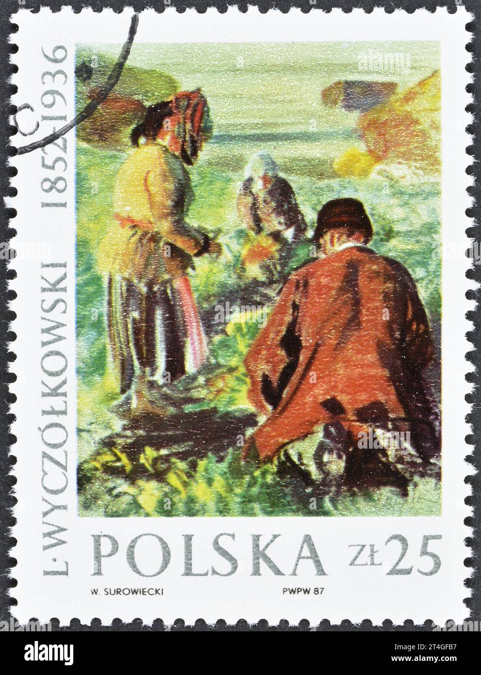 Gestempelte Briefmarke von Polen, die das Gemälde Harvesting Rote Beete, 1911, von Leon Wyczolkowski (1852–1936), um 1987 zeigt. Stockfoto