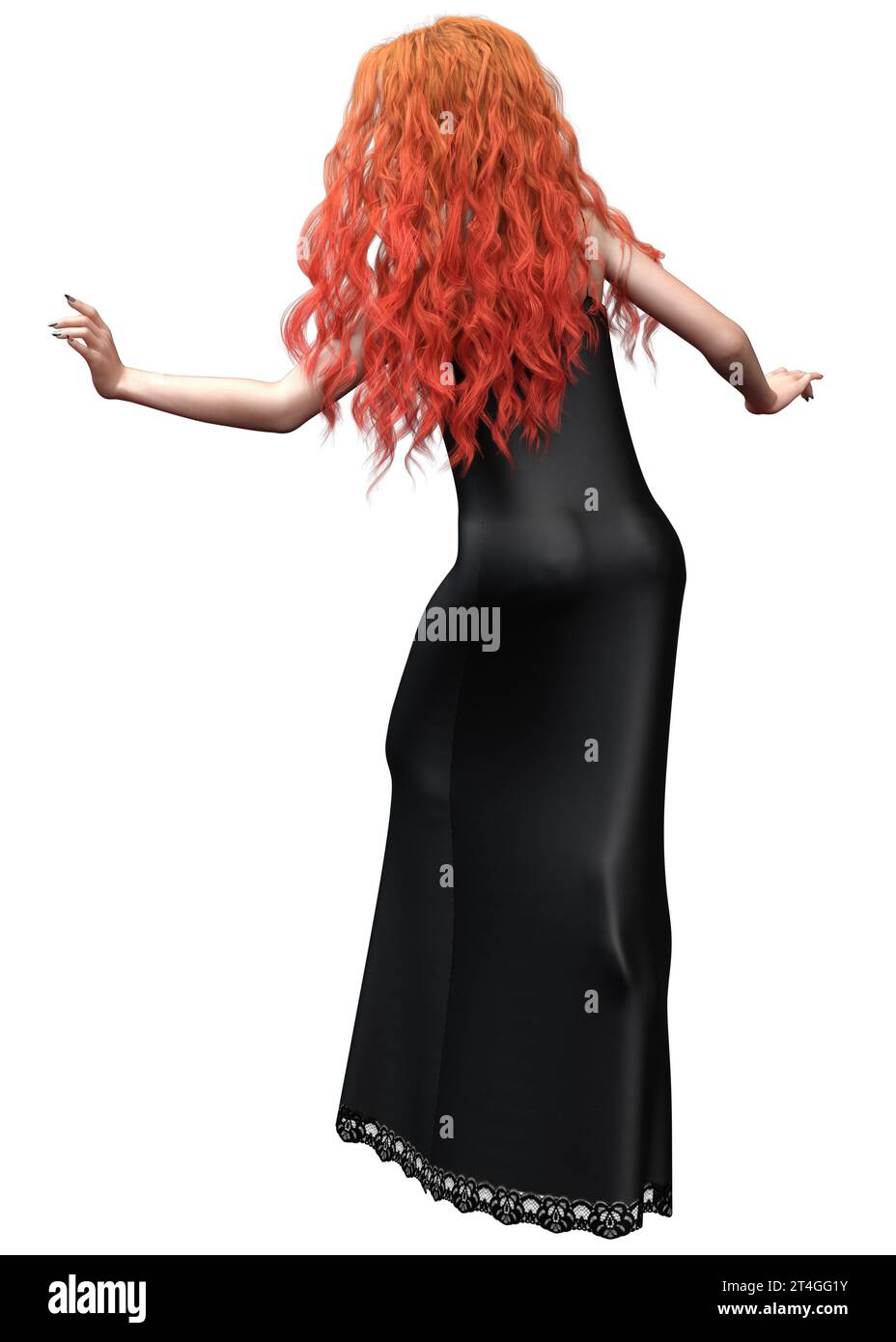 Gotische Frau mit lockigen roten Haaren trägt langes schwarzes Nachthemd, 3D-Illustration. Stockfoto