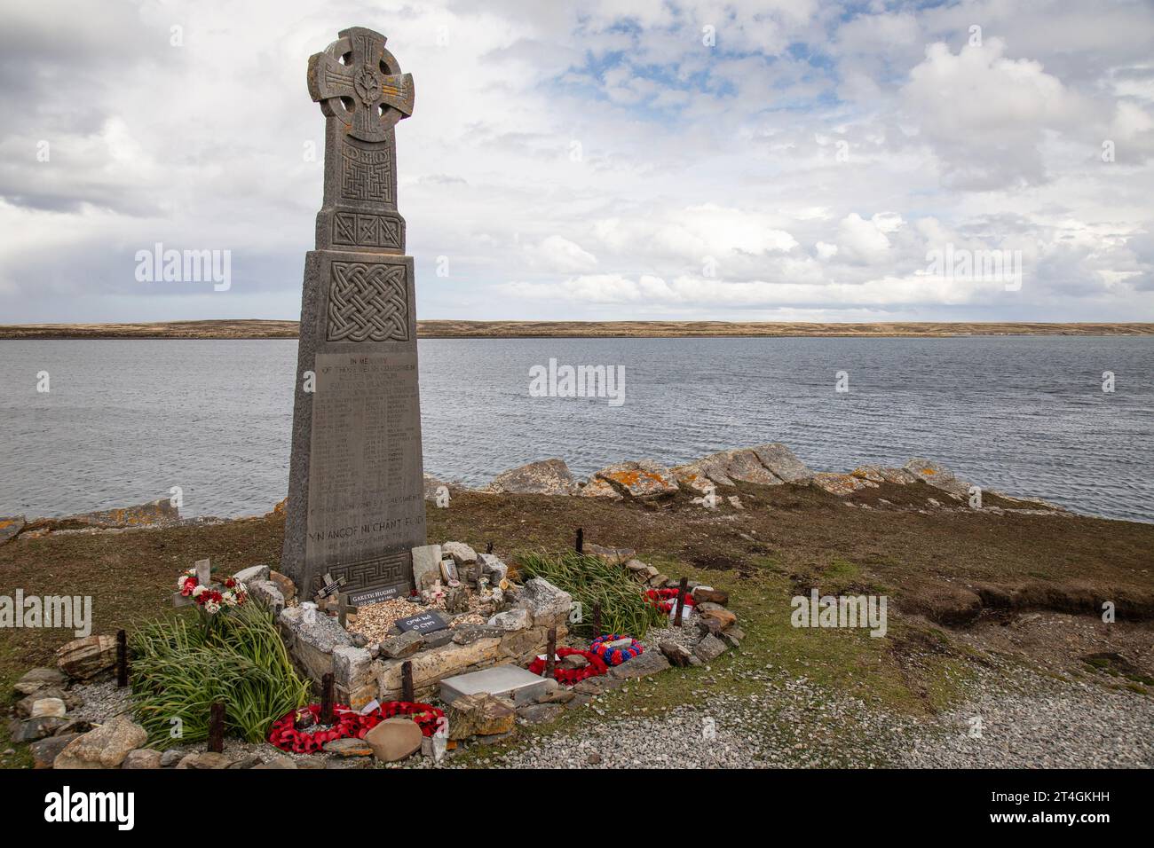 Gedenkstätte in Fitzroy auf den Falklandinseln für die walisischen Wachen, die beim Angriff auf das Schiff Sir Galahad während des Falklandkriegs am 8. Juni 1982 getötet wurden Stockfoto