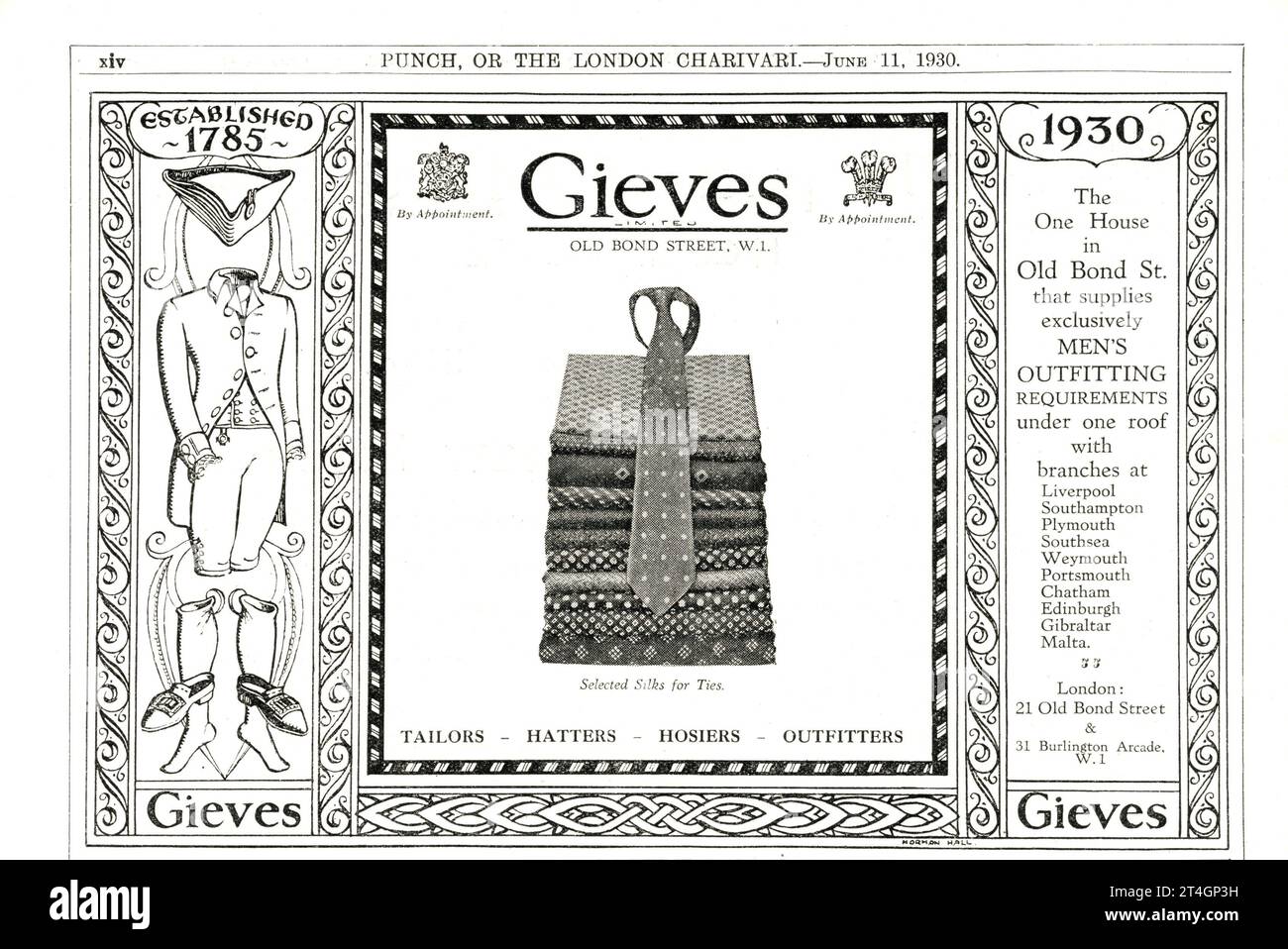 GIEVES Men's Outfitters Old Bond Street, London W1 Tailors Hatters Hosiers and Outfitters gründeten 1785 1930 die Werbung des British Magazine Stockfoto