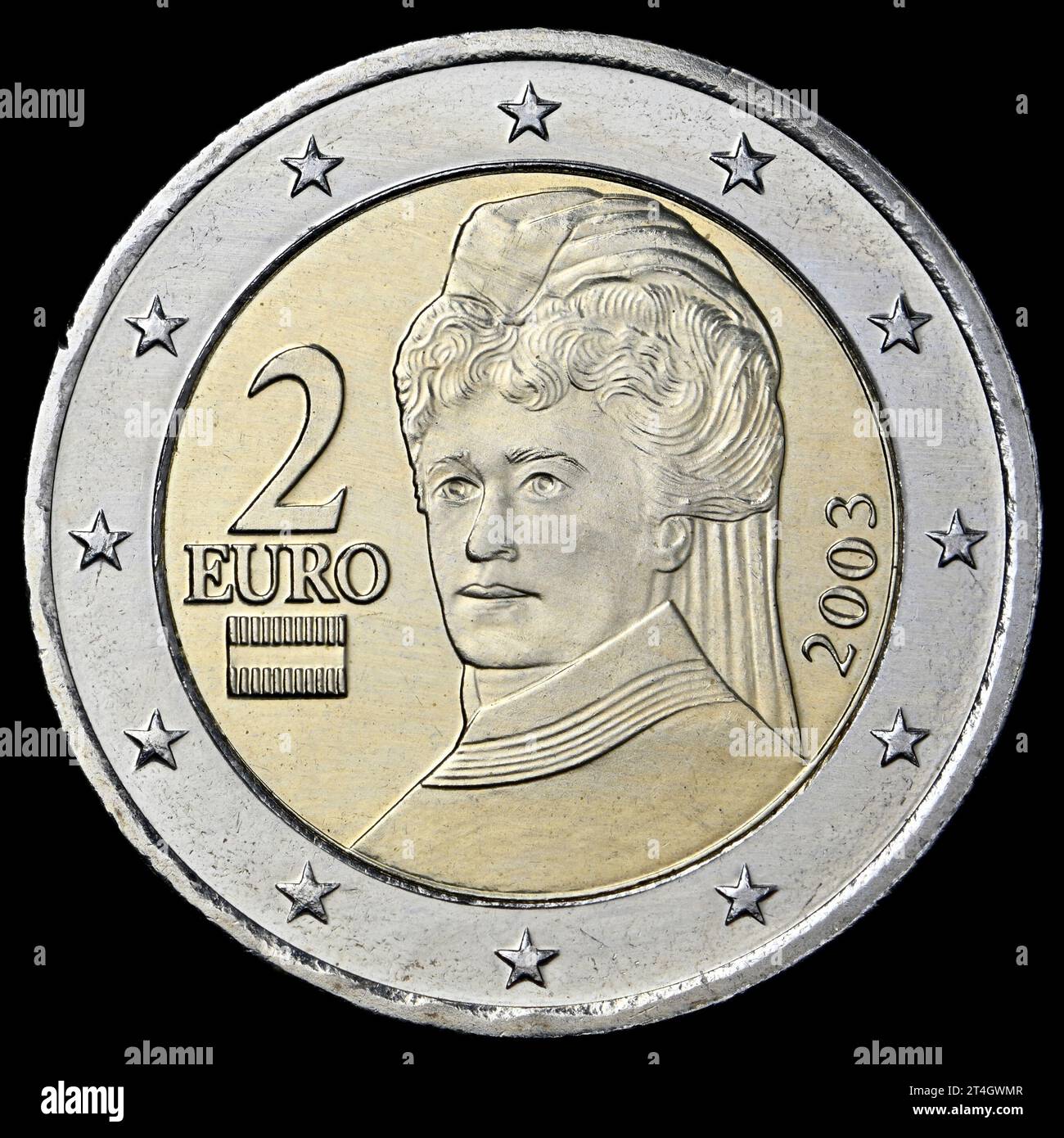 Österreichische 2-Euro-Münze - Bertha von Suttner, eine radikale österreichische Pazifistin und Friedensnobelpreisträgerin Stockfoto