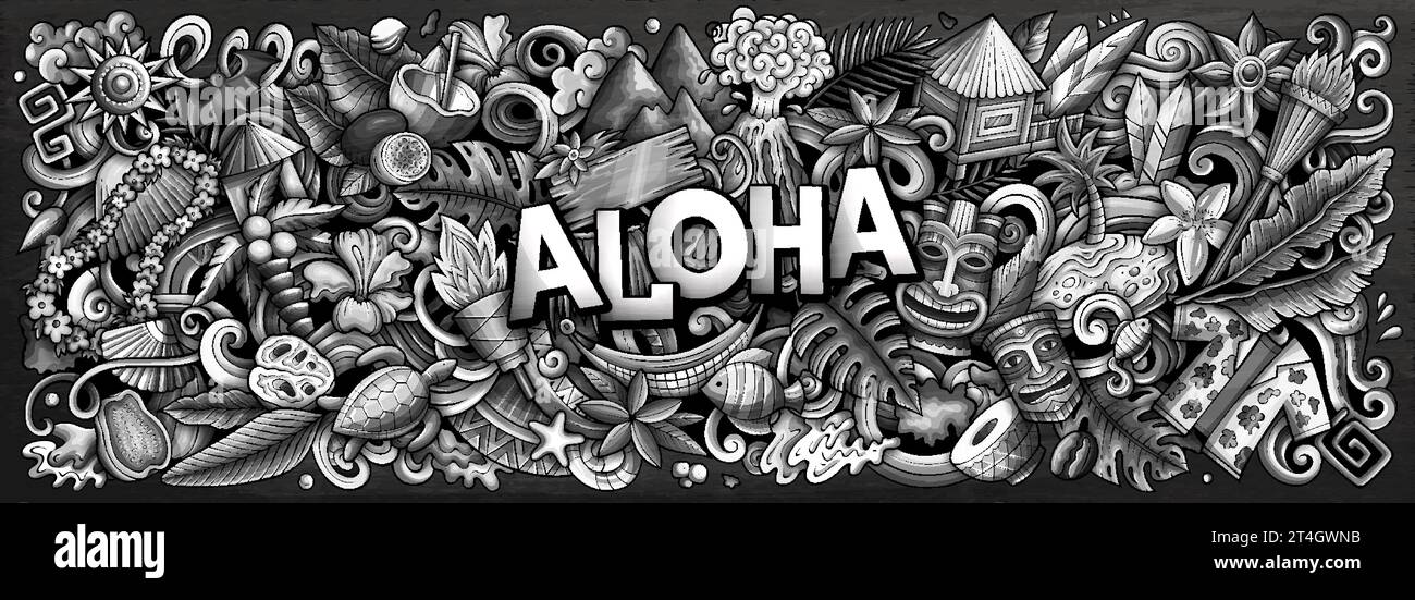 Vektor-Illustration mit Aloha Hawaii Thema Kritzeleien. Einfarbiges Bannerdesign, das die Essenz der hawaiianischen Kultur und Traditionen durch Playfu einfängt Stock Vektor