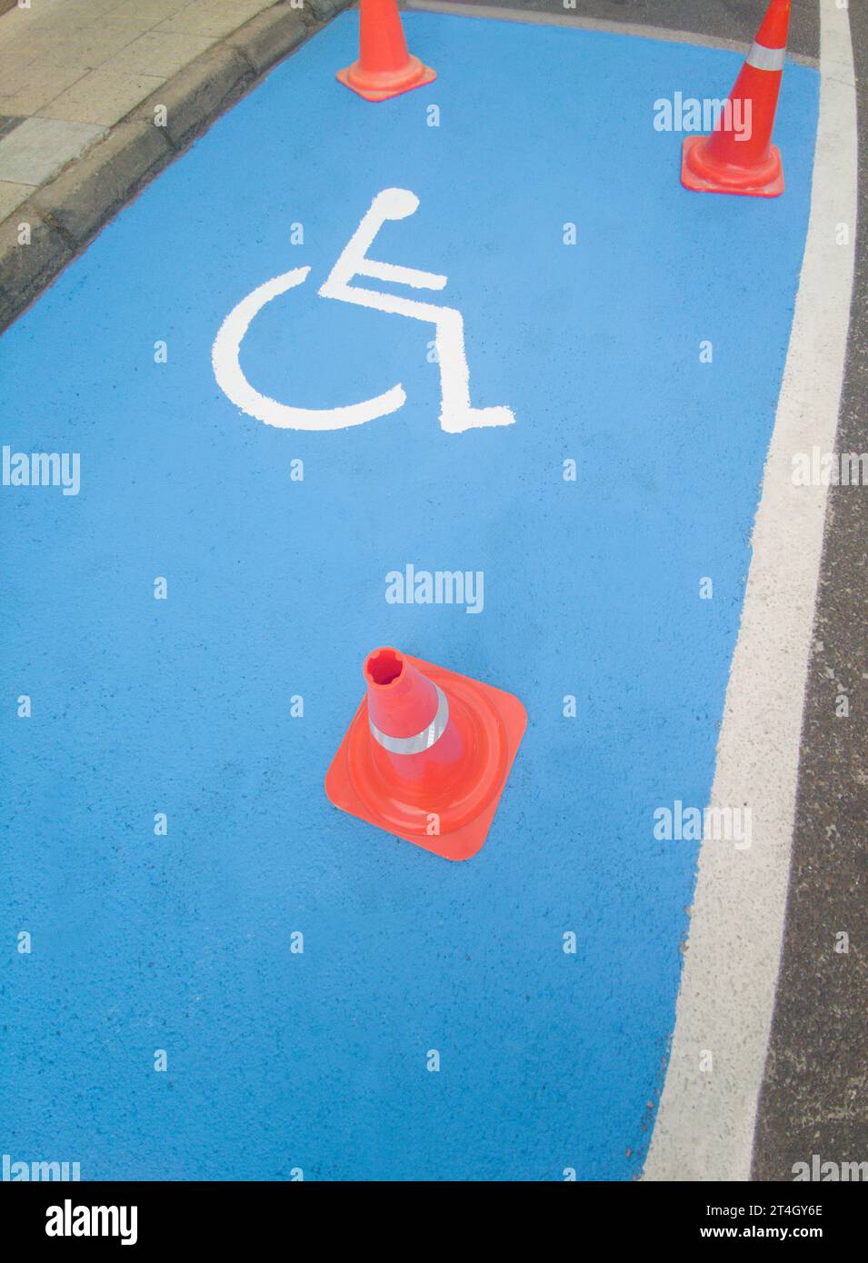 Reservierter Parkplatz für Fahrzeuge von Menschen mit Behinderungen. Gerade lackiertes Bodensignal Stockfoto