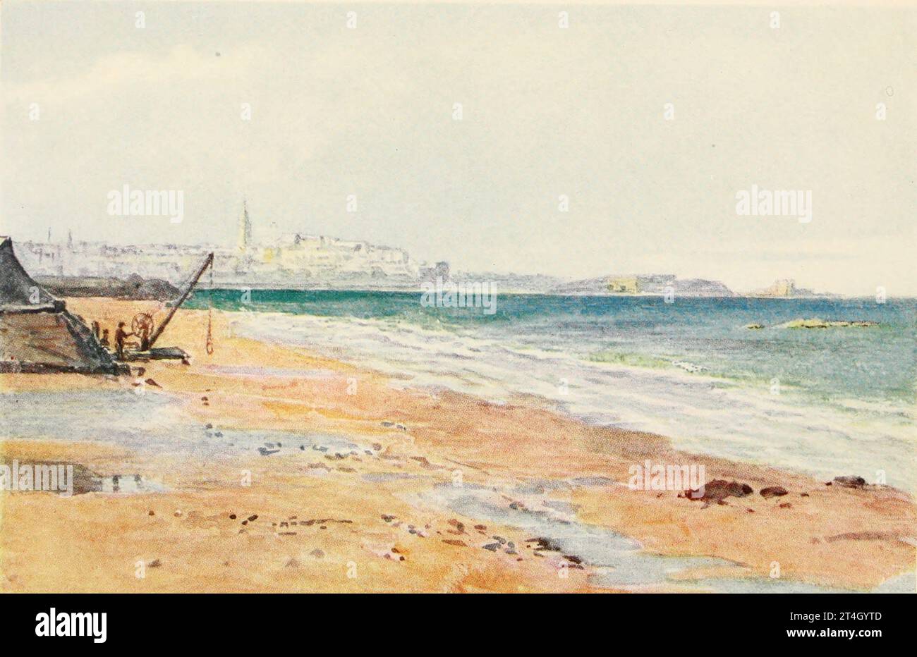 St. Malo, Grand et Petit Bey, aus Rochebonne Landscape Painting von John Hardwicke Lewis, aus dem Buch La Cote d’Emeraude von Spencer Musson, veröffentlicht 1912 von A. & C. Black, The Côte d’Emeraude (bretonisch: AOD an Emrodez; lit. Smaragdküste) ist eine Bezeichnung für einen Teil der englischen Ärmelkanalküste in der östlichen Bretagne nahe der Grenze zur Normandie in Frankreich. Stockfoto