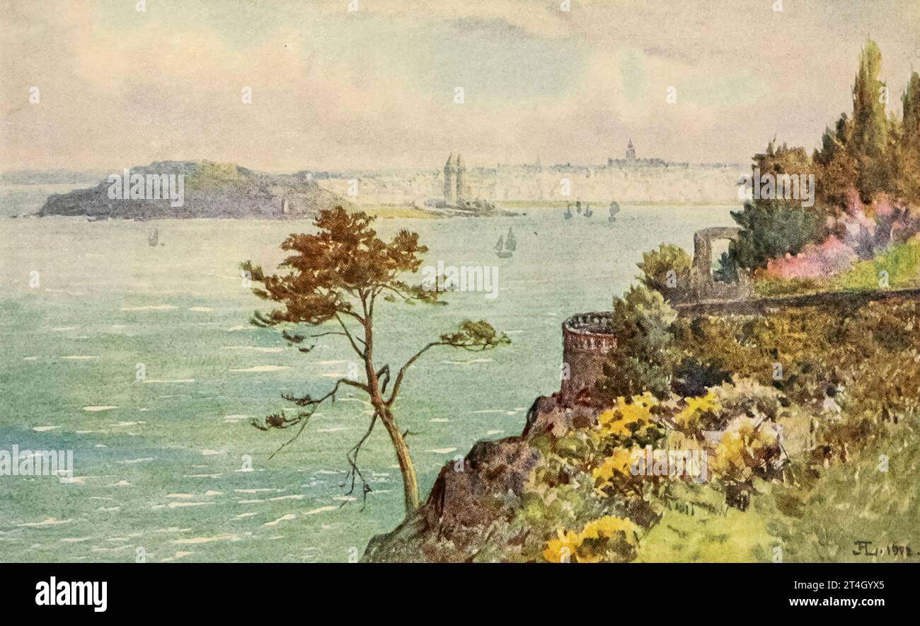 St. Servan and Embouchure of the Ranee from Vicomte Landscape Painting von John Hardwicke Lewis, aus dem Buch La Cote d’Emeraude von Spencer Musson, veröffentlicht 1912 von A. & C. Black, The Côte d’Emeraude (bretonisch: AOD an Emrodez; lit. Smaragdküste) ist eine Bezeichnung für einen Teil der englischen Ärmelkanalküste in der östlichen Bretagne nahe der Grenze zur Normandie in Frankreich. Stockfoto