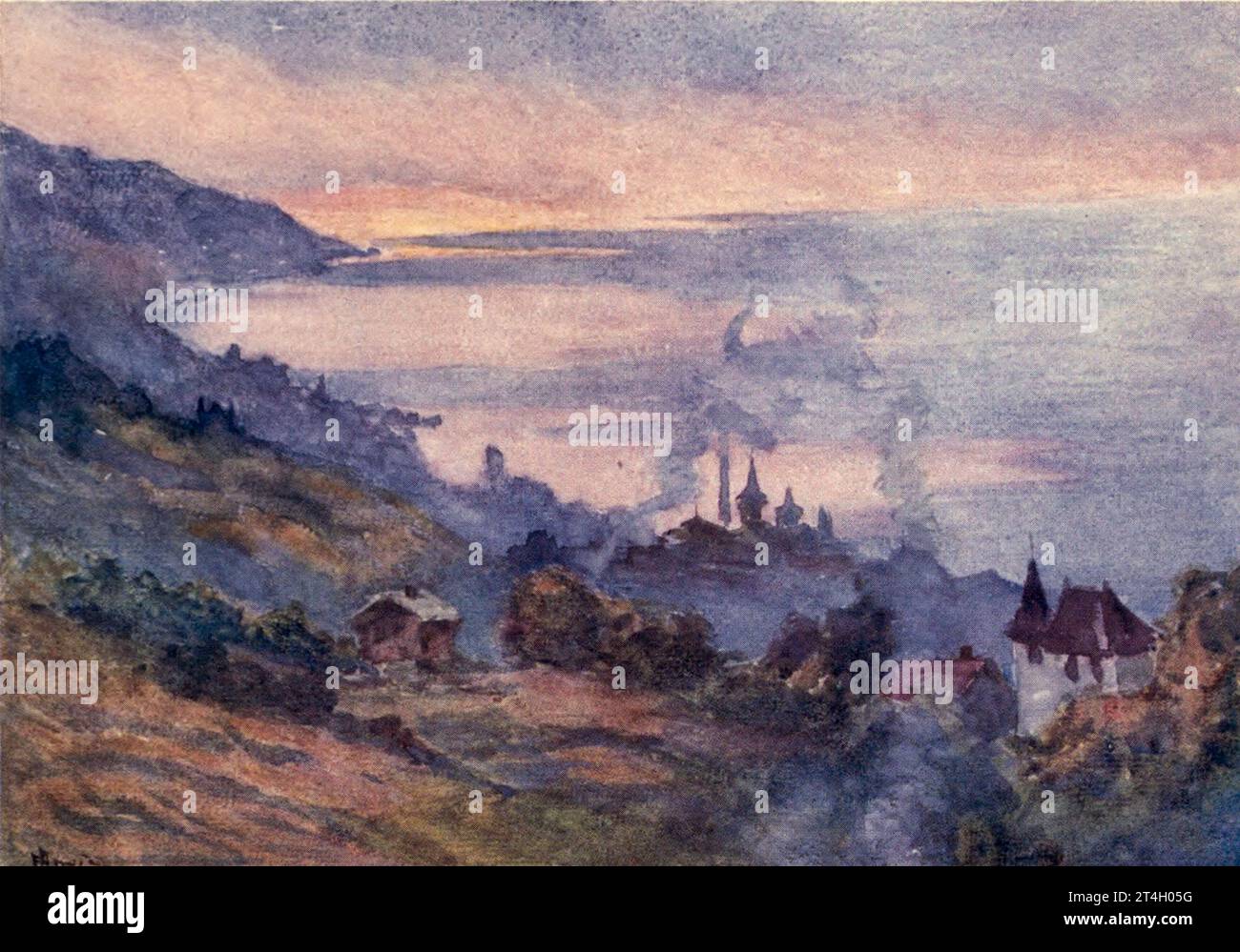 Lausanne, Lausanne, Lausanne, Lausanne, Lausanne, gemalt von John Hardwicke Lewis, May Hardwicke Lewis, aus dem Buch ' Lausanne ' von Gribble, Francis Henry, veröffentlicht 1909 von A & C Black Lausanne ist die Hauptstadt und größte Stadt des schweizerischen französischsprachigen Kantons Waadt. Es ist eine hügelige Stadt am Ufer des Genfer Sees, etwa auf halbem Weg zwischen dem Jura und den Alpen, mit Blick auf die französische Stadt Evian-les-Bains Stockfoto