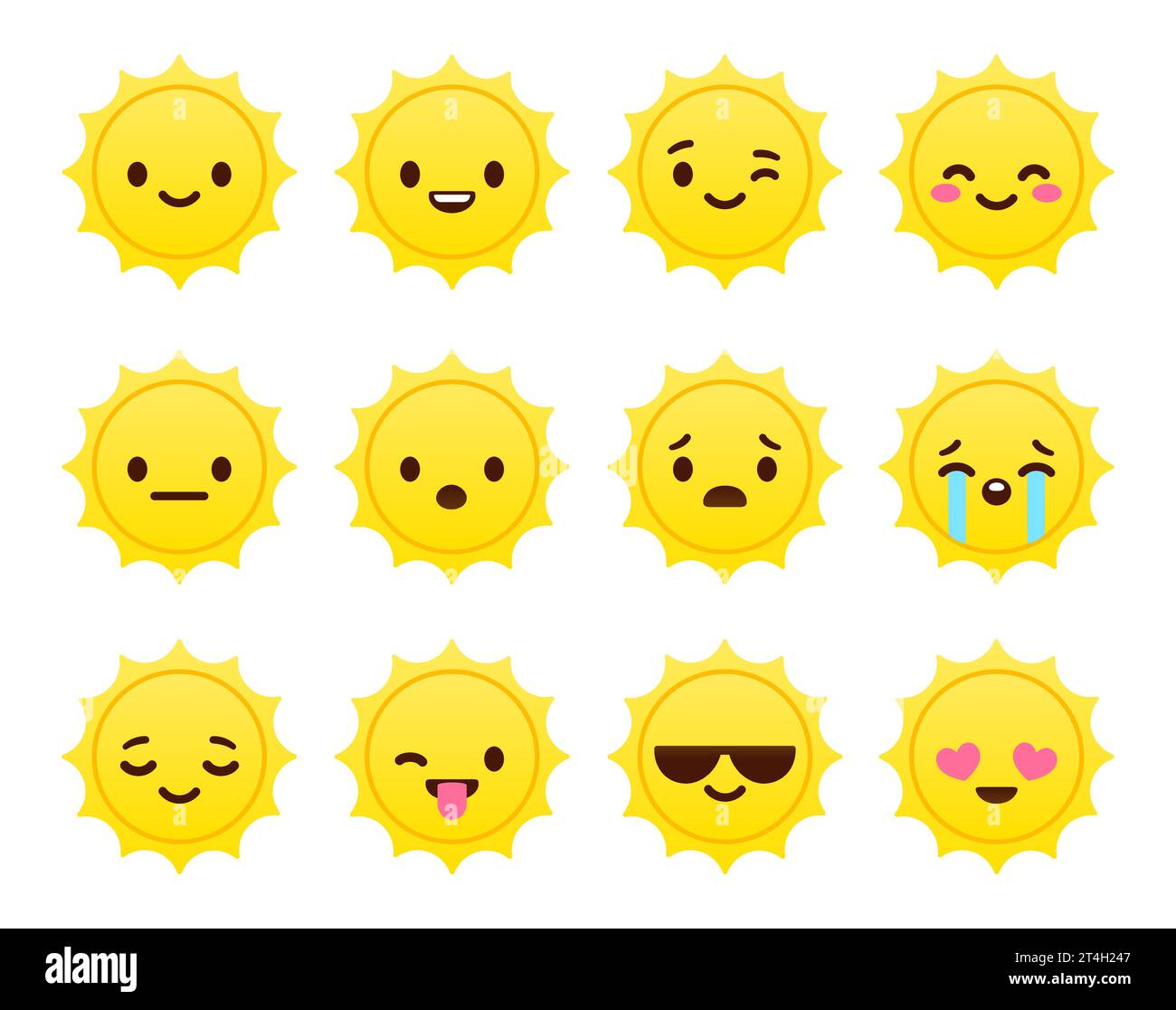 Niedliches Emoticon-Set: Niedliches Cartoon-Sonnengesicht mit verschiedenen Emotionen. Illustration des flachen Vektors Emoji. Stock Vektor