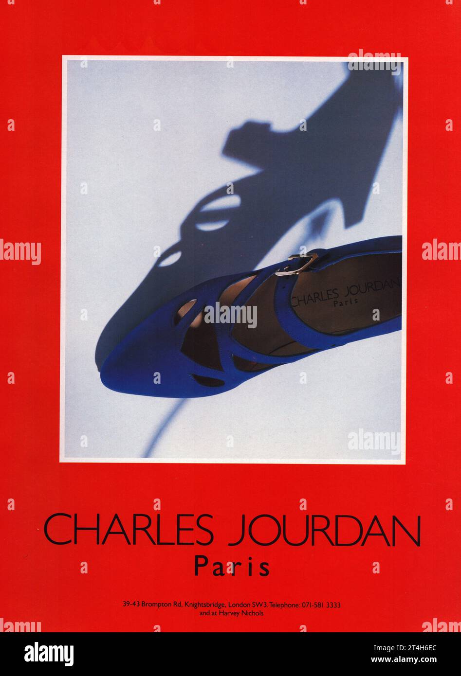 Charles Jourdan Paris blaue Schuhe Charles Jourdan Werbung für Charles Jourdan Schuhe Werbeplakat Charles Jourdan Werbeplakat Stockfoto