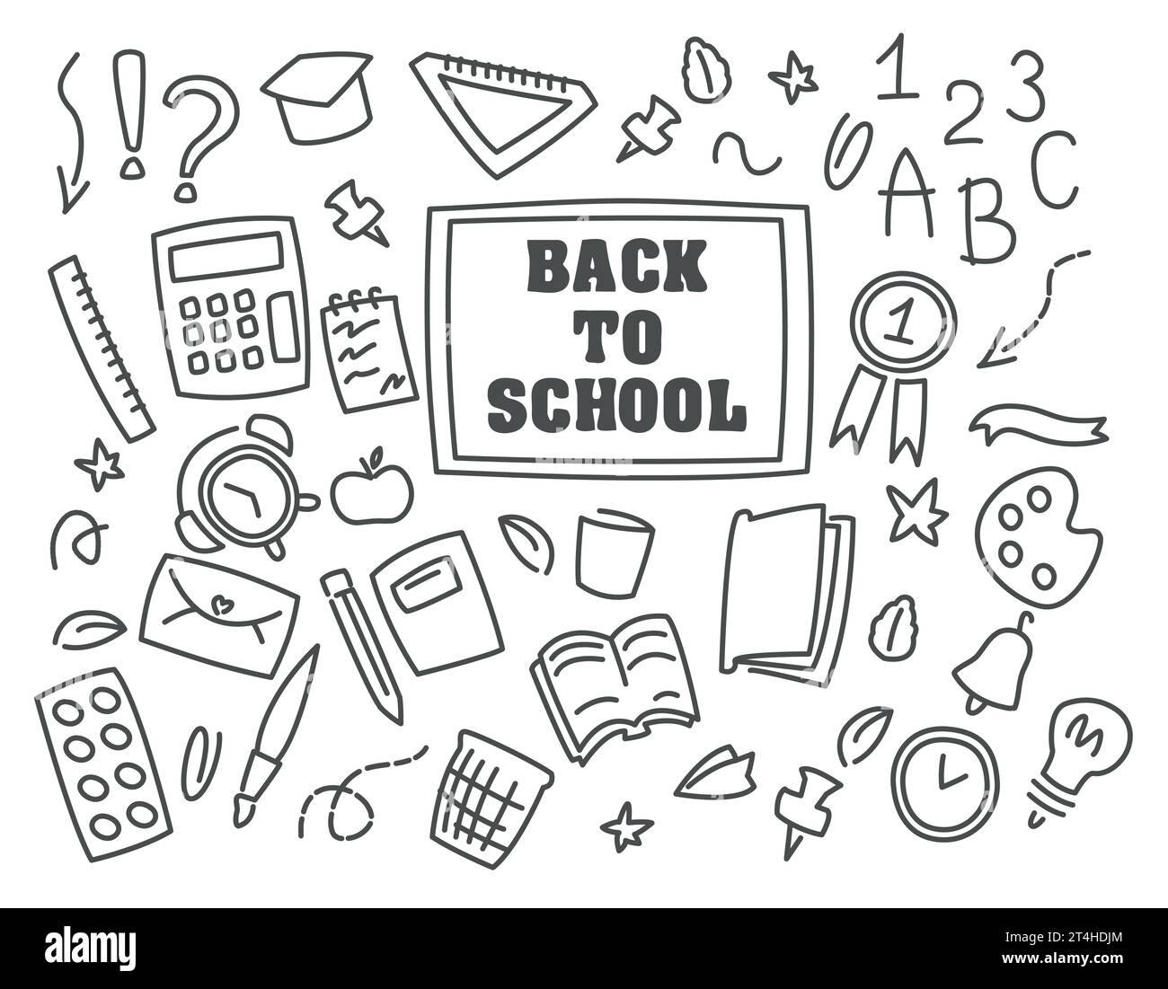Doodle Illustration zurück zur Schule, schwarze Linie, transparenter Hintergrund, Muster, Wecker, Schulfächer, Vektorgrafiken, Schule Stock Vektor